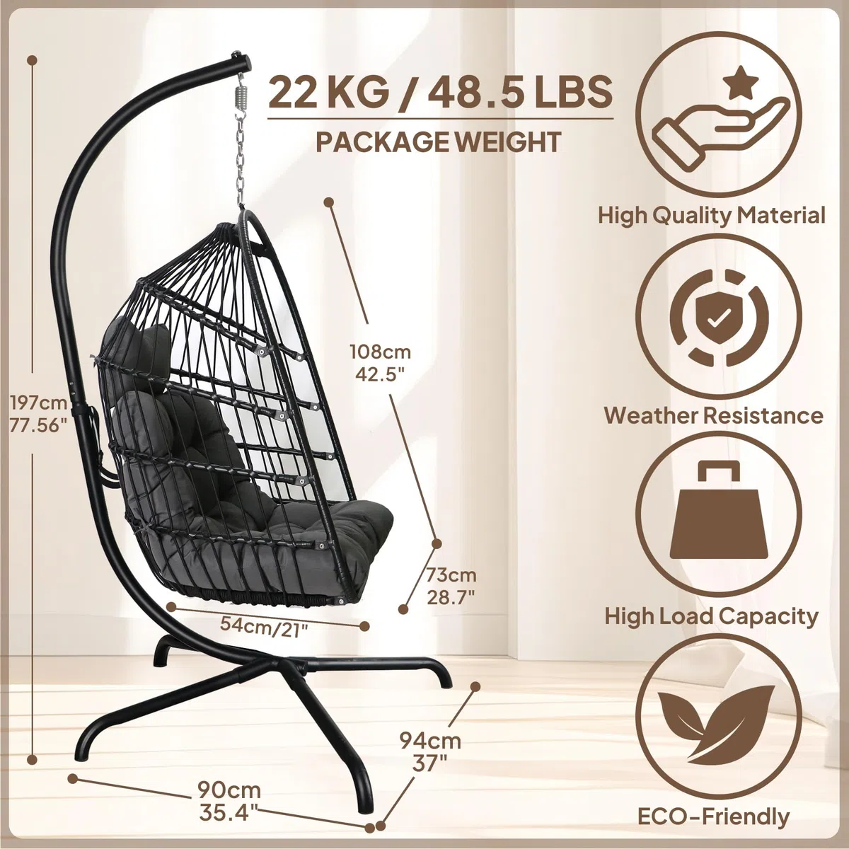 Sedia a uovo con supporto ultra robusto e cuscino Sedia sospesa Sedia a dondolo in vimini Rattan Sedia a sdraio per interni ed esterni Capacità 150 kg Balcone Portico Camera da letto Giardino