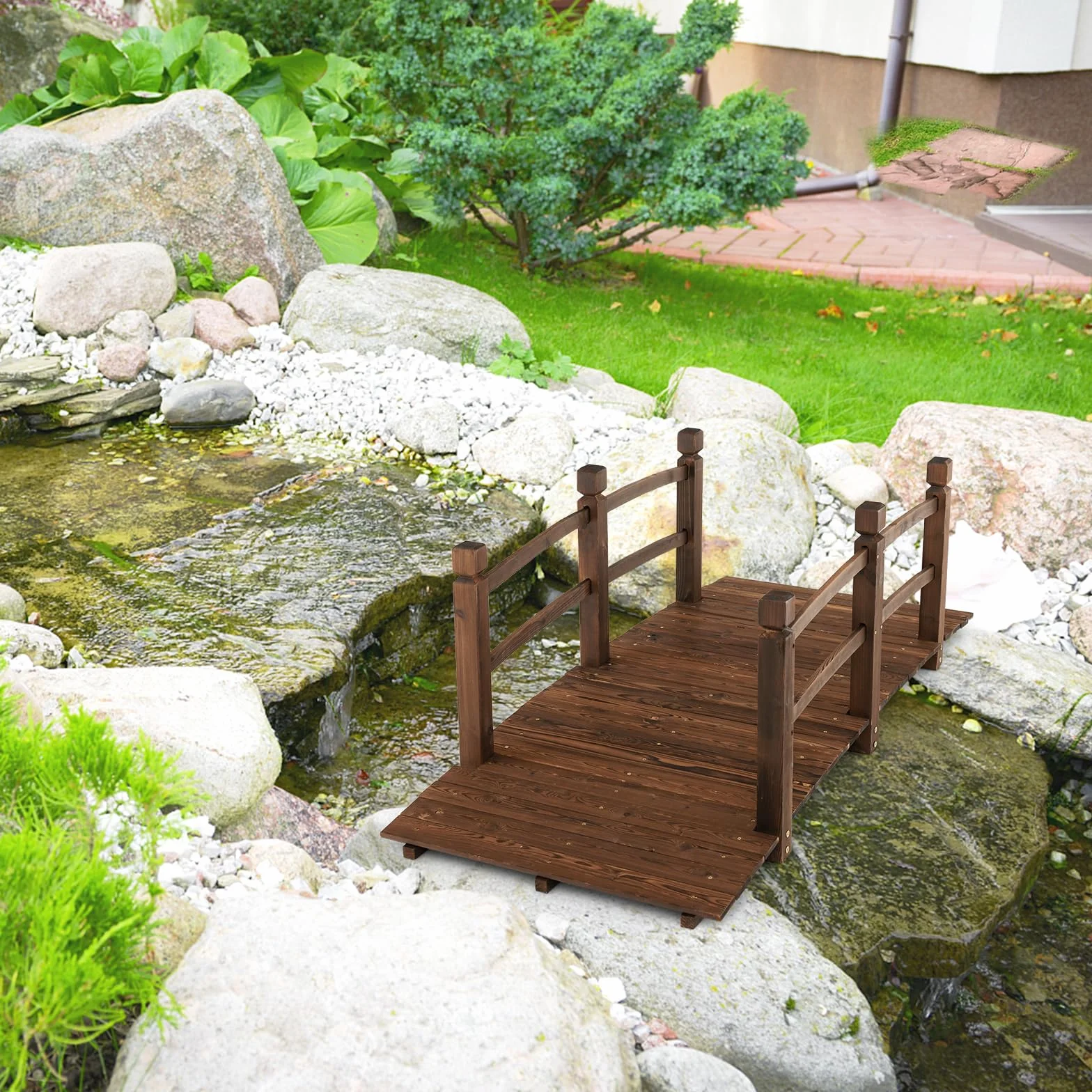 SOARS Ponte da Giardino in Legno di Abete Carbonizzato con Ringhiere, Ponticello Grande Calpestabile per Giardino e Stagno Portata 150 kg, 172 × 76 × 58 cm, Marrone