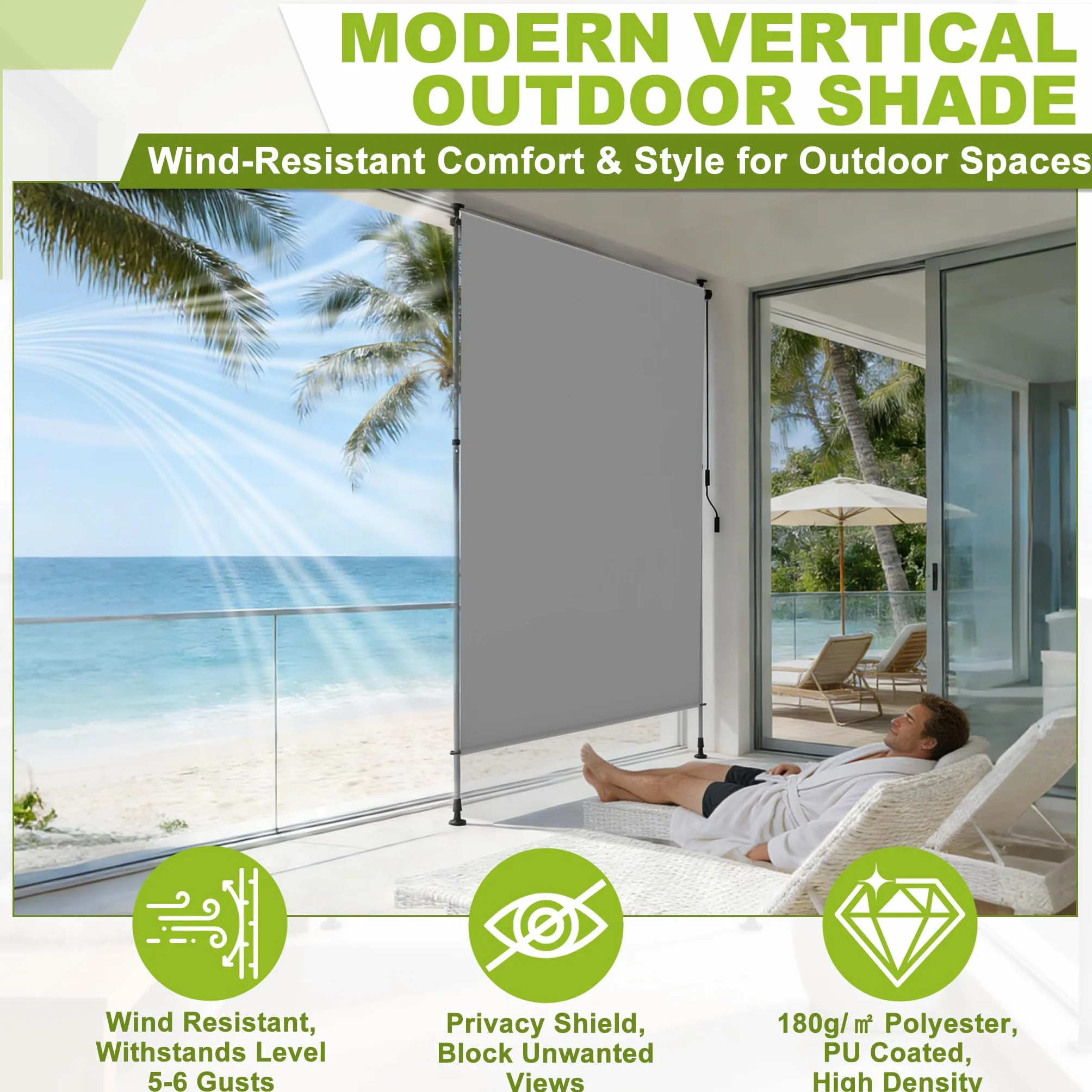 Tenda da sole verticale con manovella senza foratura 100 x 310 cm impermeabile allungabile oscurante grigio chiaro