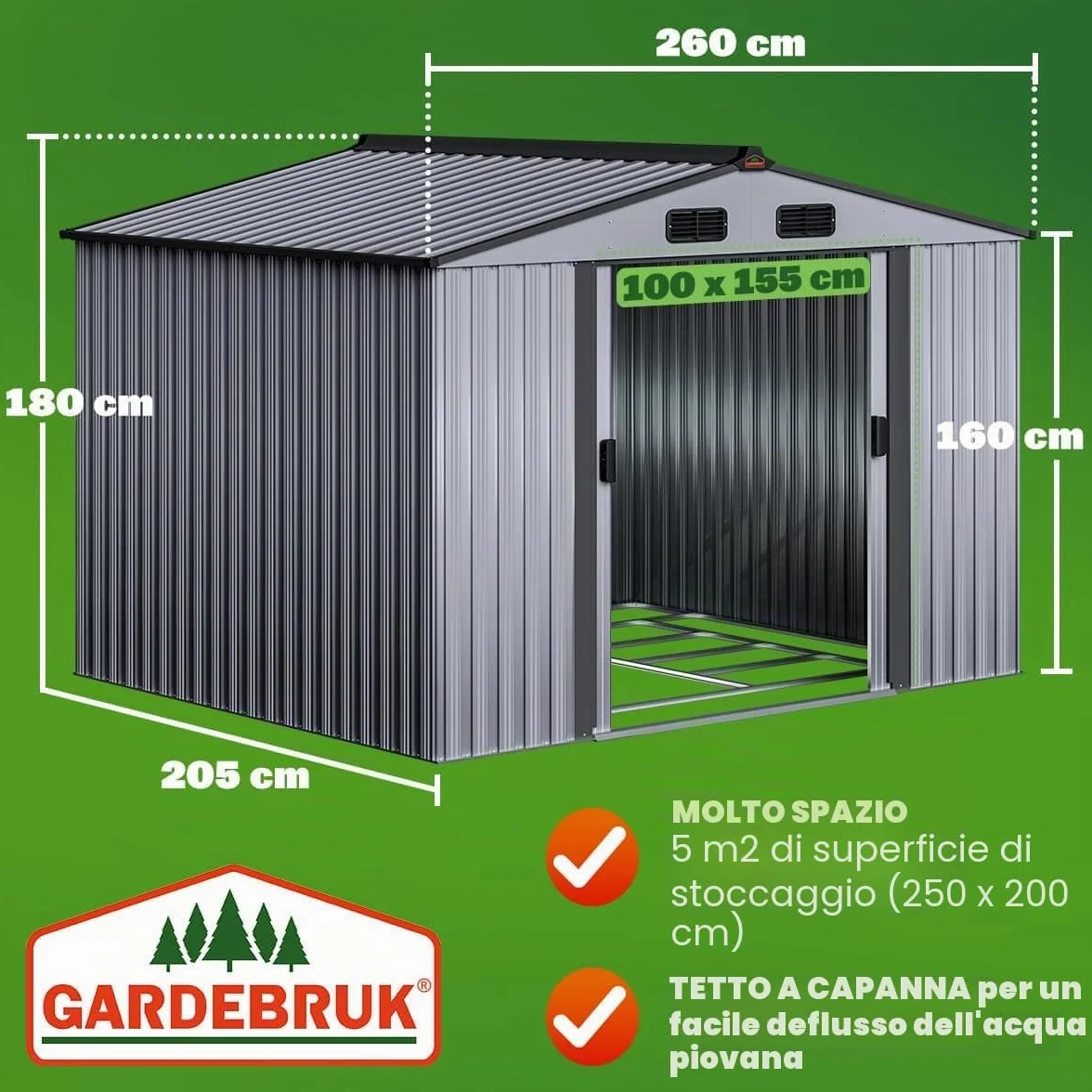 GARDEBRUK® Casetta per Attrezzi da Giardino Capanno in Metallo da Esterno 5m² con Base 260x205x180cm Capannone XXL