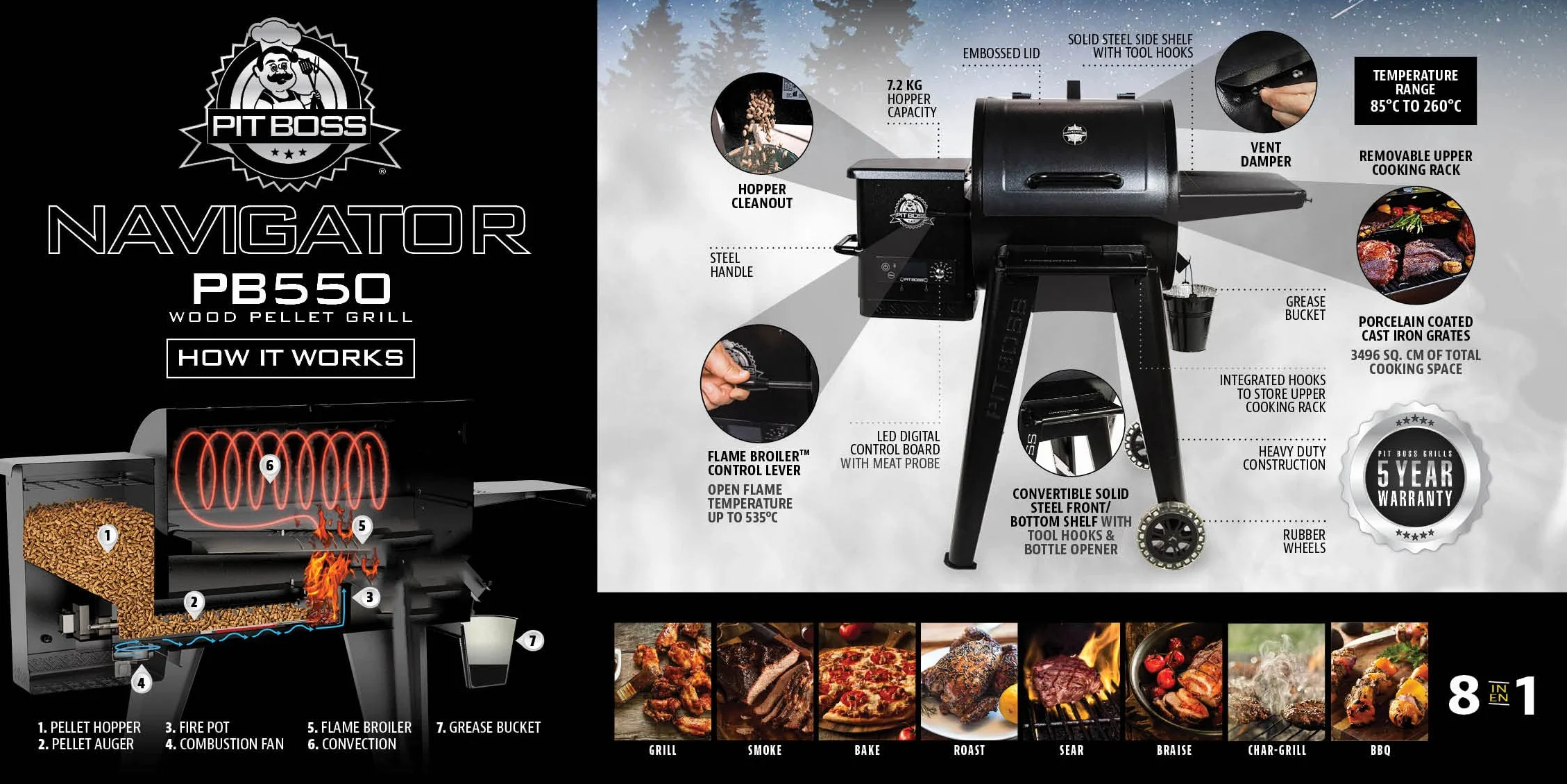 Pit Boss Navigator Series Grill e forno per affumicatura 260 gradi ripiano pieghevole rivestito in porcellana