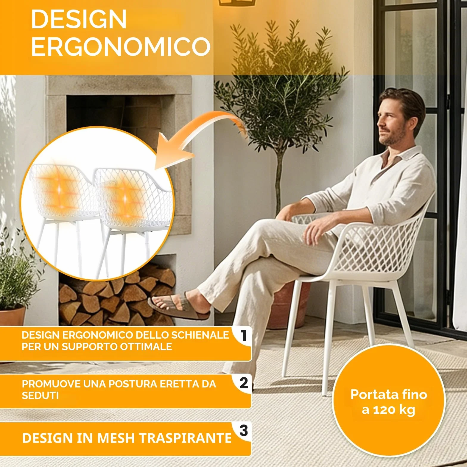 Set di 6 sedie da giardino con braccioli, resistenti fino a 120 kg, bianco