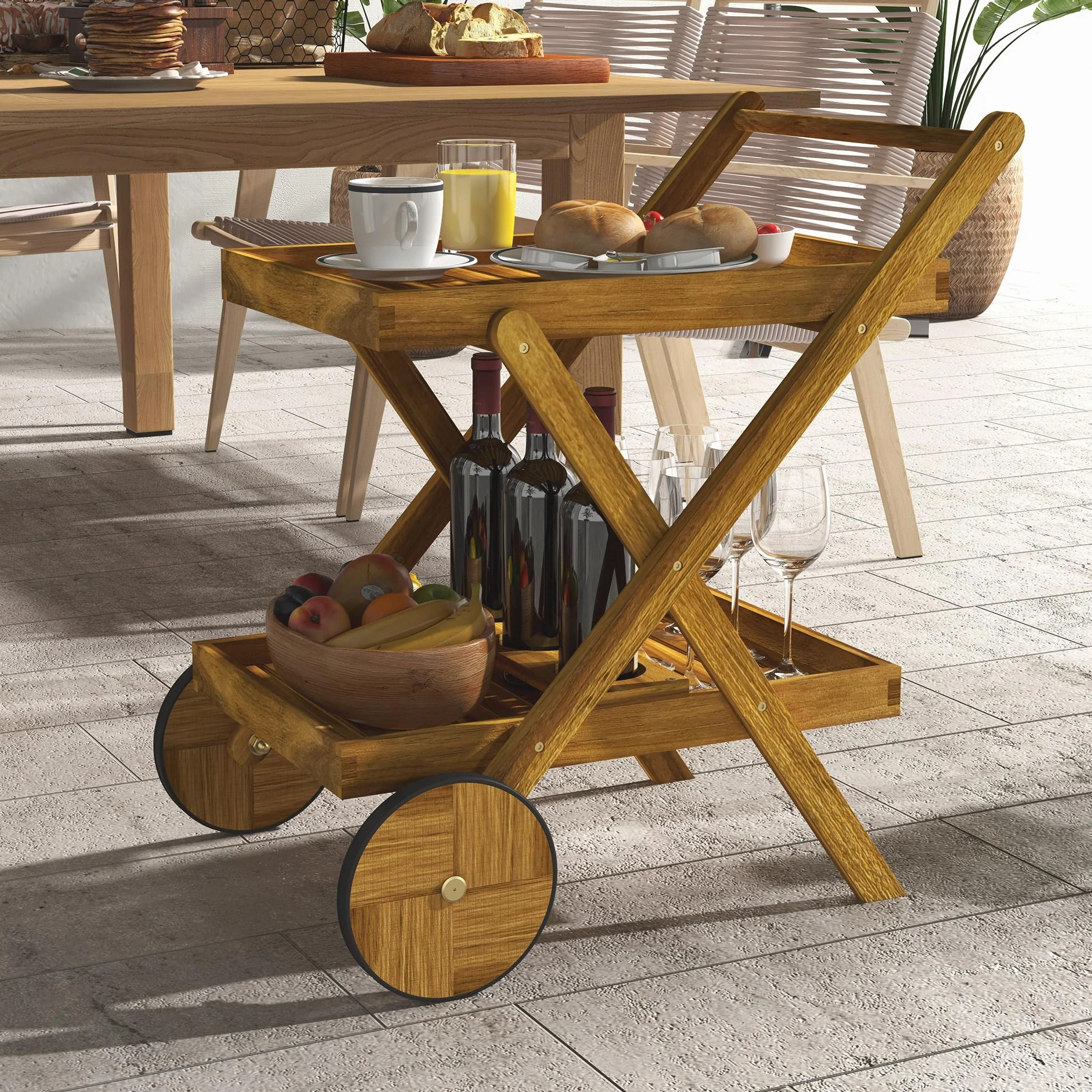 Outsunny Carrello da giardino barbecue legno 2 vassoi 52x71x74 cm