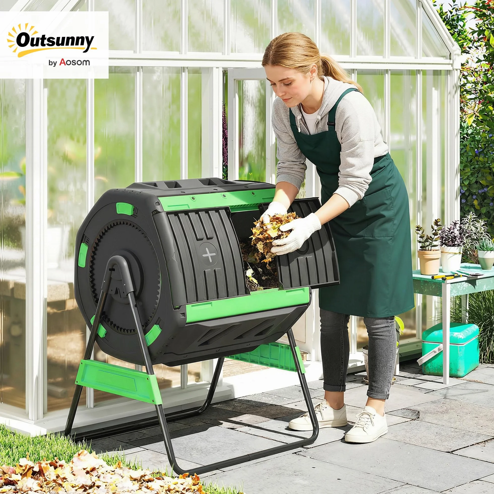 Outsunny Compostiera da Giardino Rotante 200L a Doppia Camera, Girevole 360°, Prese d'Aria, PP Senza BPA