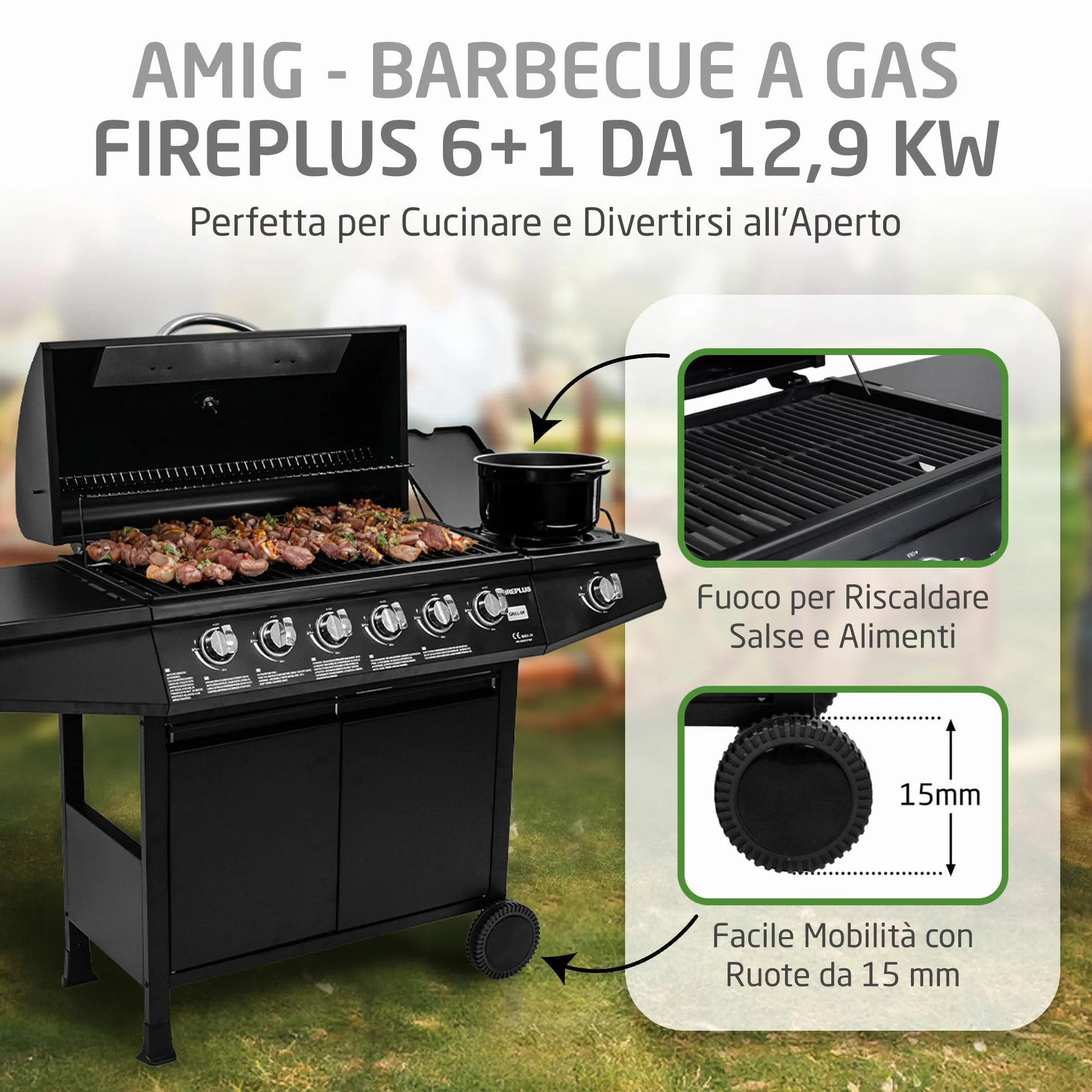 Barbecue a gas Fireplus 6+1 12,9 kW Acciaio inox nero GRILL-6F 7 bruciatori 138x52x103 cm