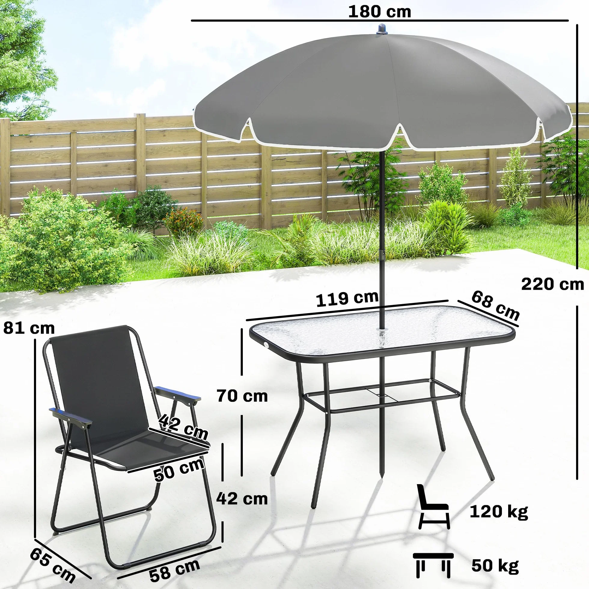 Outsunny Set Tavolo e Sedie da Giardino 8 Pezzi con Ombrellone, Acciaio, Vetro Temperato, Nero