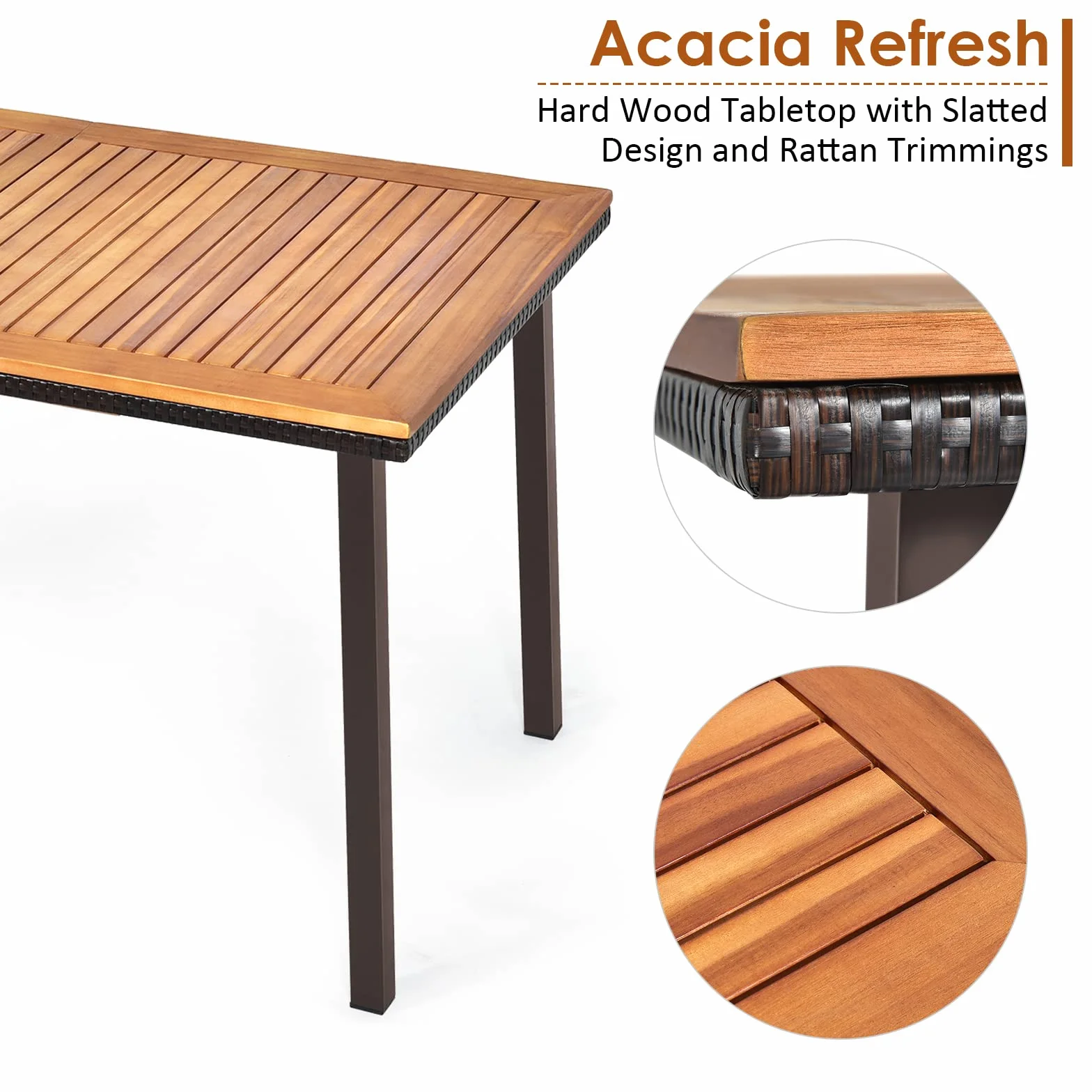 KOMFOTTEU Tavolo da Giardino Rettangolare con Foro per Ombrellone, Tavolo da Esterno in Legno di Acacia, Tavolo da Pranzo con Gambe in Metallo per 6-8 Persone, 140 x 75 x 76 cm