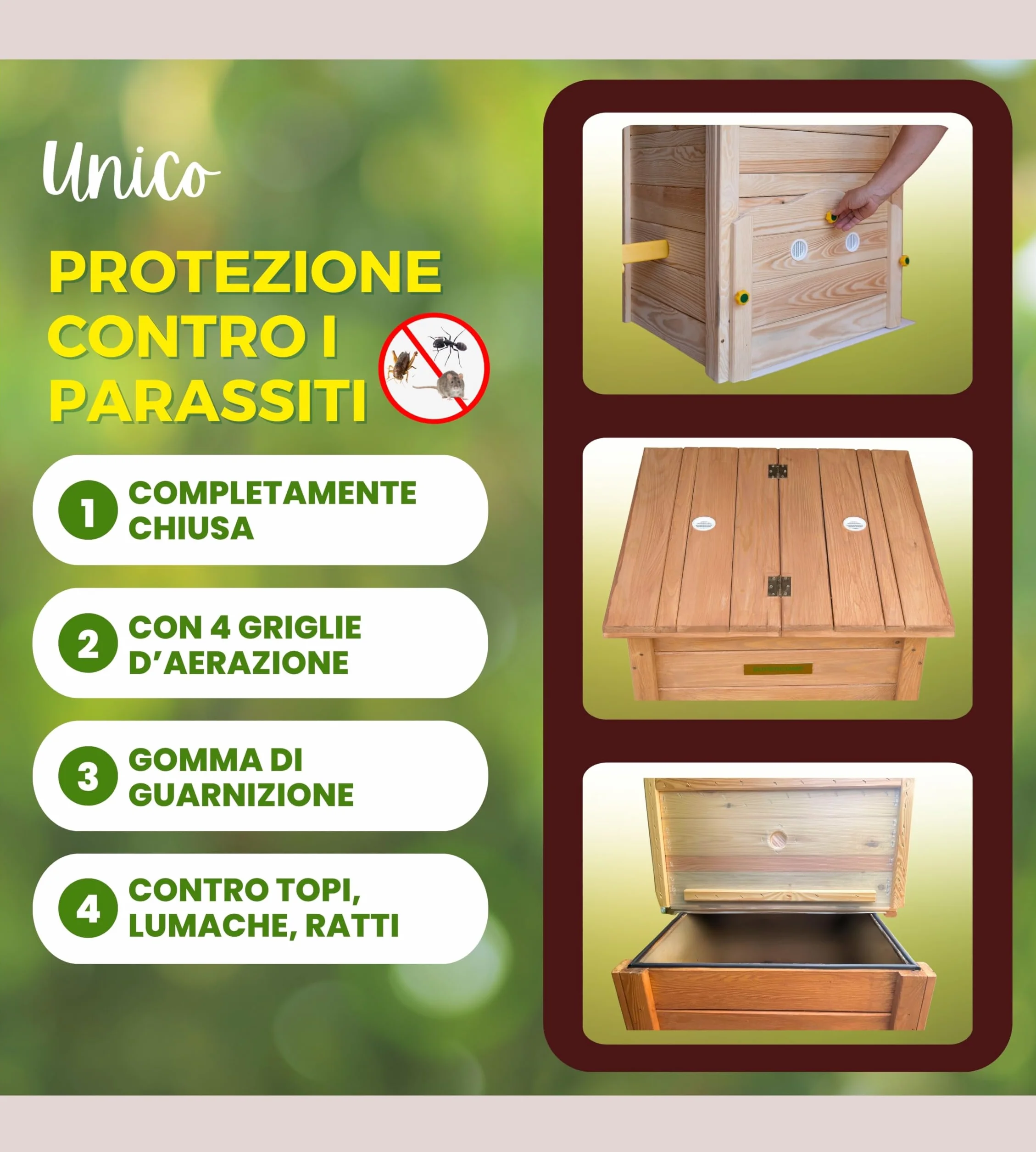 Compostiera da Giardino in Legno con Coperchio, Compostaggio facile senza Cattivi Odori e senza Rivoltamento Compost, con Sistema Anti Insetti e Dispositivo d’Aerazione, con Piano, da 340lt