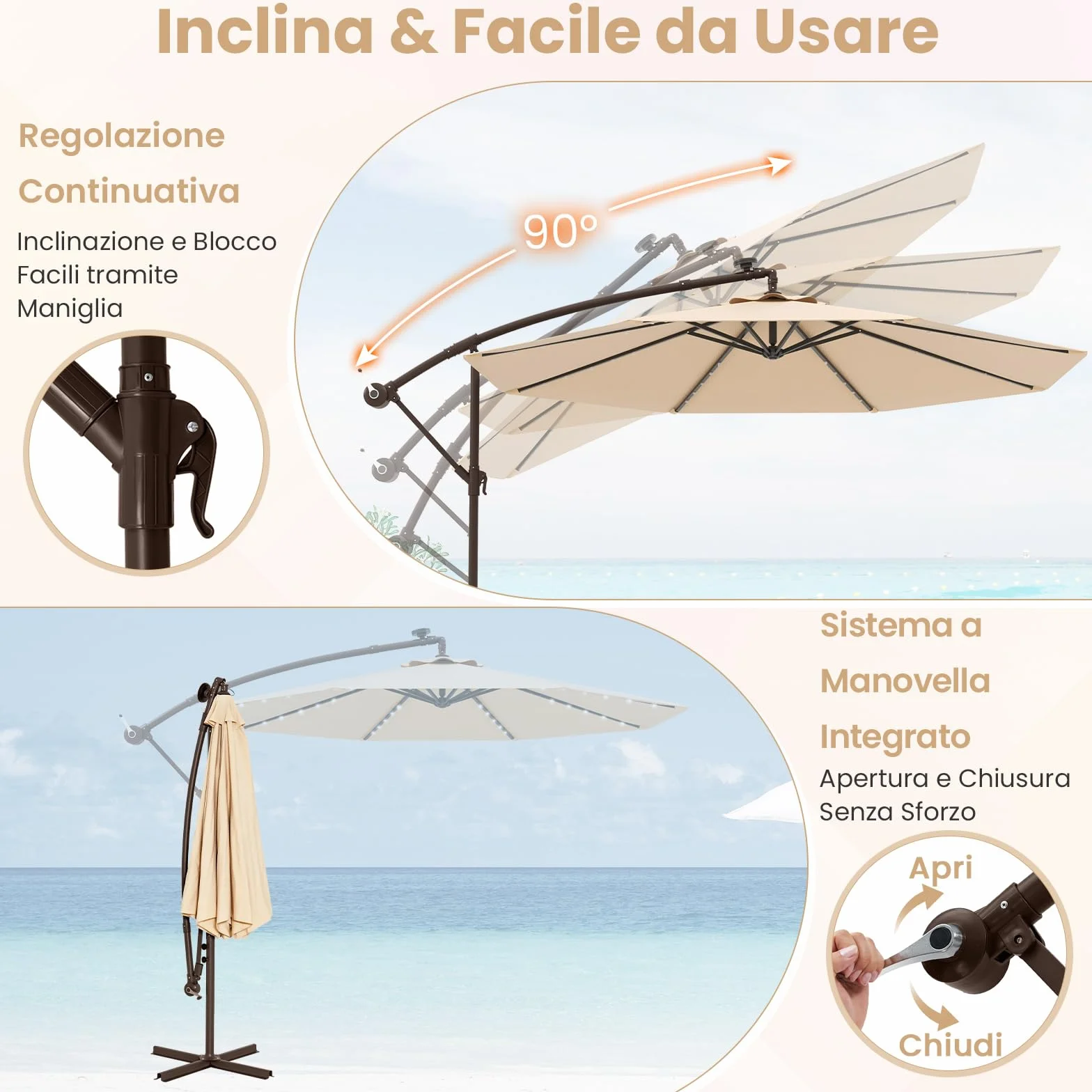 COSTWAY Ombrellone da Giardino 300 cm, Luci LED Solari, Anti-UV, Inclinazione Regolabile, Manovella, Beige