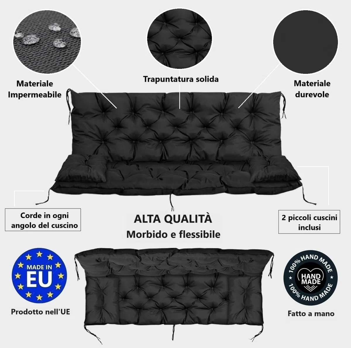 Cuscino 120x60x50 cm trapuntato impermeabile per panca o altalena + 2 piccoli cuscini