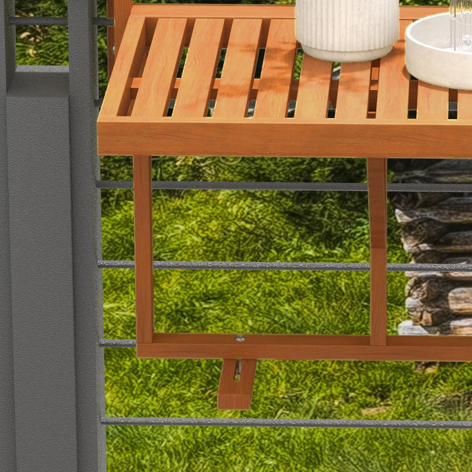 Outsunny Tavolino da Balcone Pieghevole Regolabile in Altezza 40.5-55cm, Legno di Pino, Teak