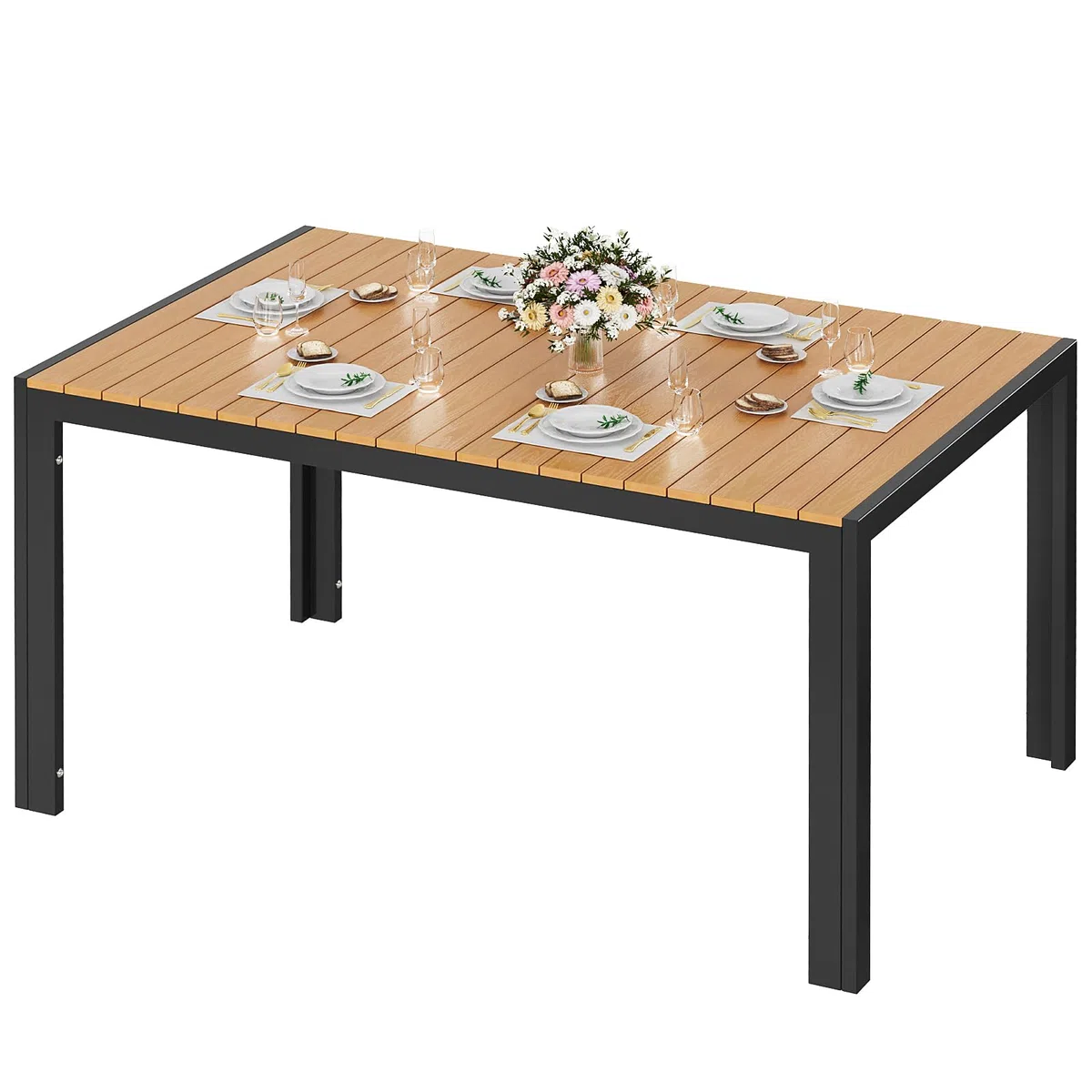 LIFERUN Tavolo da giardino grande, resistente alle intemperie, 140 x 90 x 75 cm, in alluminio, con piano in WPC, tavolo da pranzo rettangolare, per 6 persone, robusto giardino, terrazza, balcone