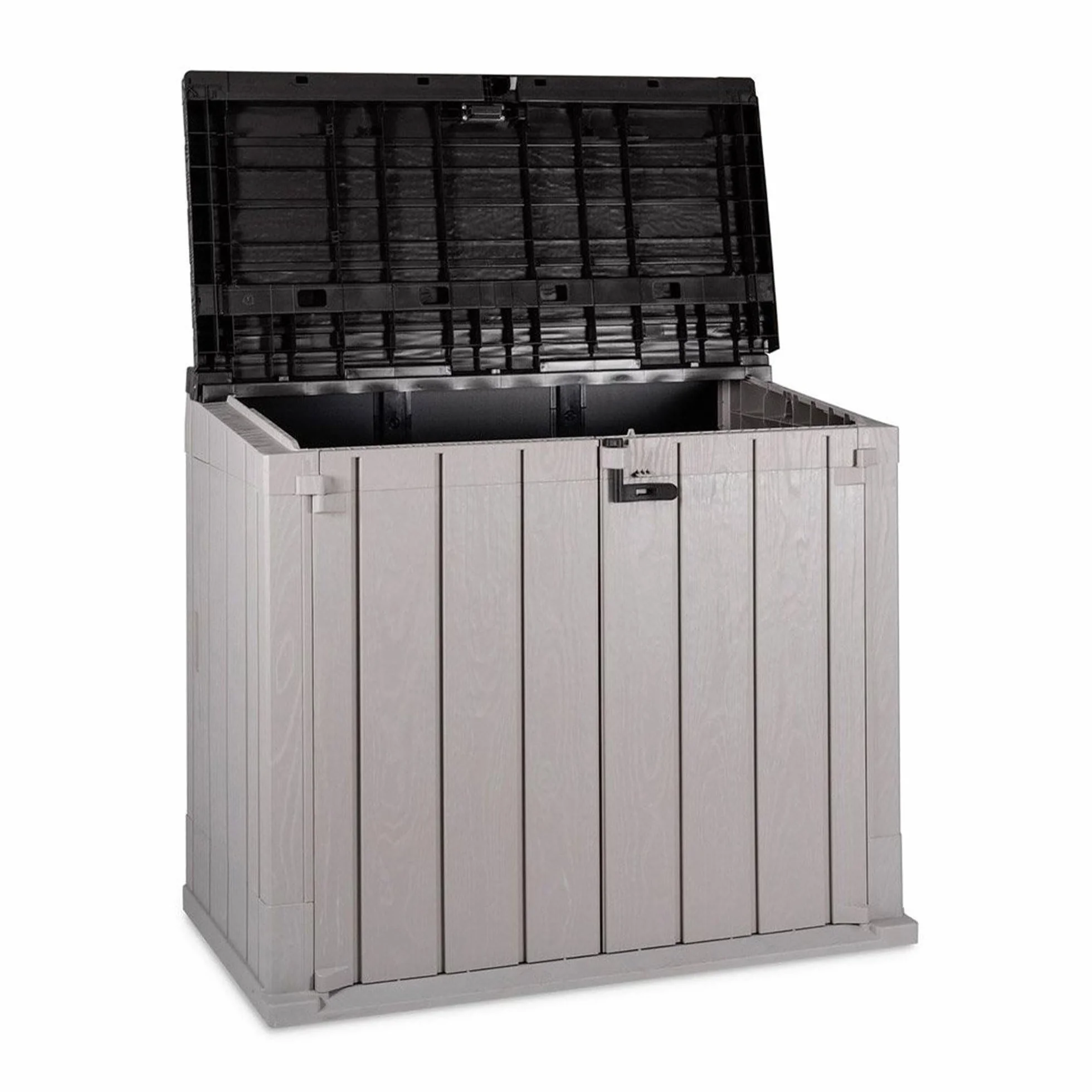 TOOMAX Stora Way Baule da 842L portattrezzi 129,5x74,5x111h cm effetto legno in plastica resistente, grigio talpa/antracite, porta bidoni da 2, con chiusura a chiavistello, ideale per il giardino