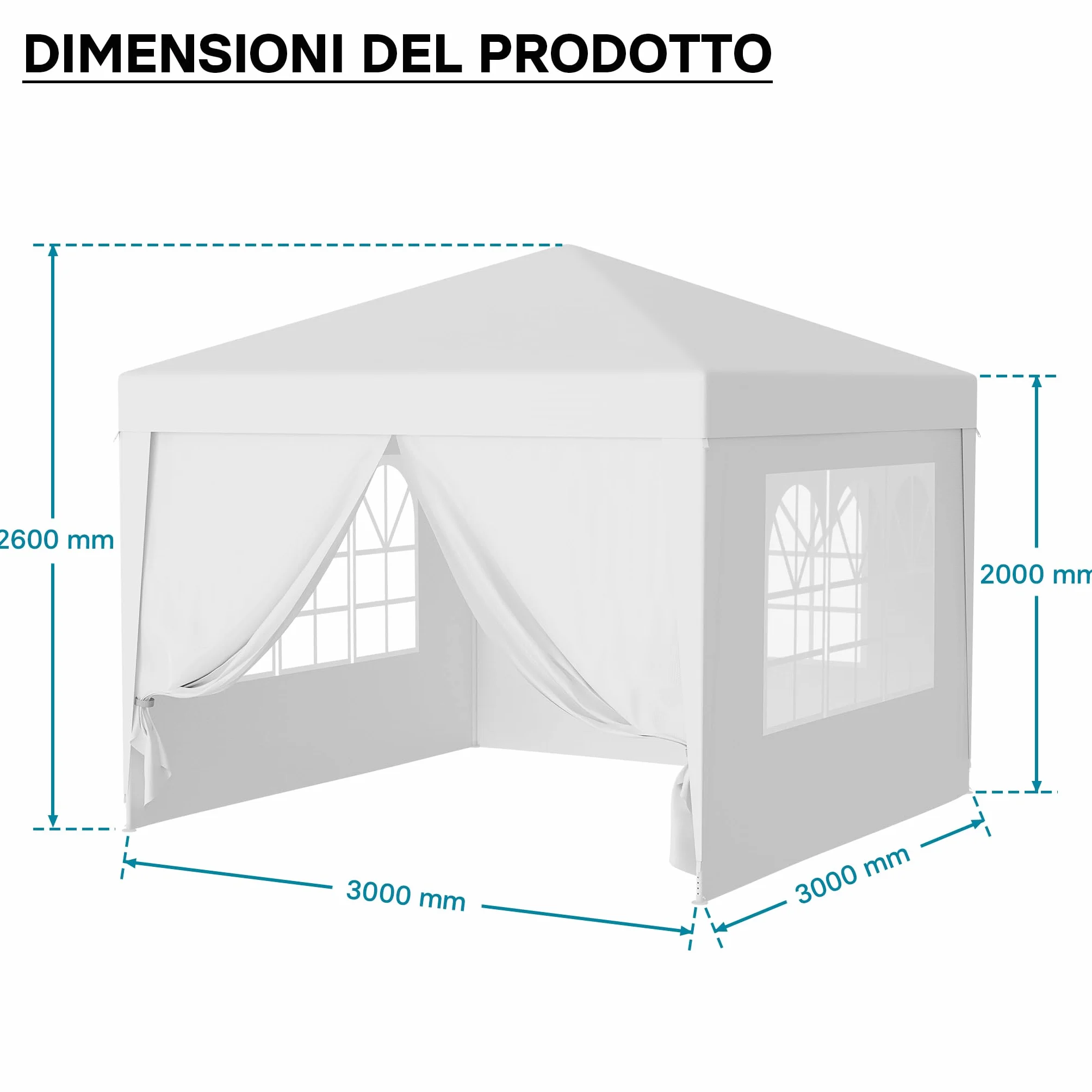 Wiltec Gazebo 3x3 m bianco protezione UV 50+ tendone da giardino lati rimovibili tenda da festa finestre