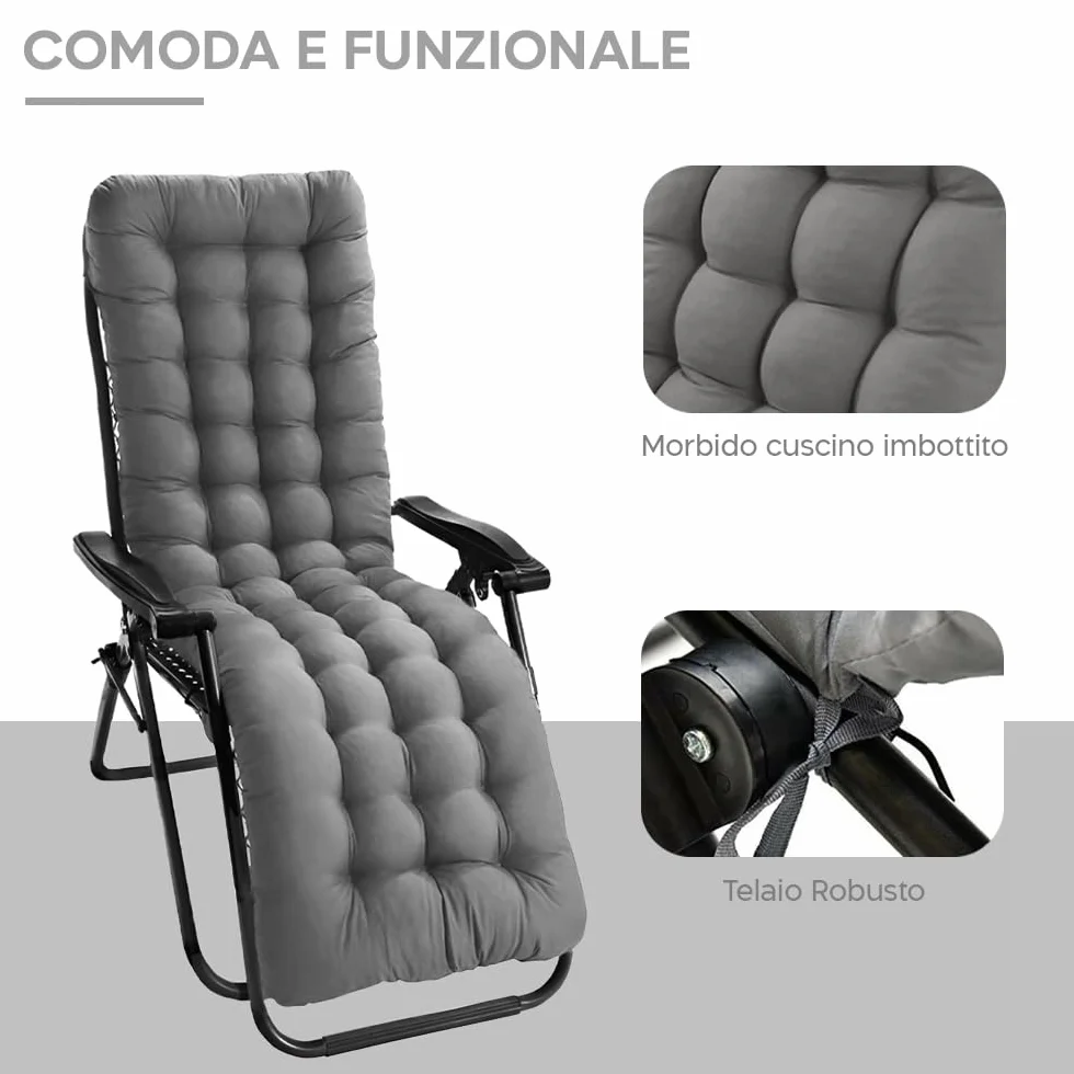 Mediawave Store - Sedia Sdraio Gravità Zero, Sedia Pieghevole con Cuscino Imbottito, Sedia con Schienale Reclinabile, Sedia Giardino, Acciaio, Textilene, Richiudibile, Sedia Gravity (1, Grigio)