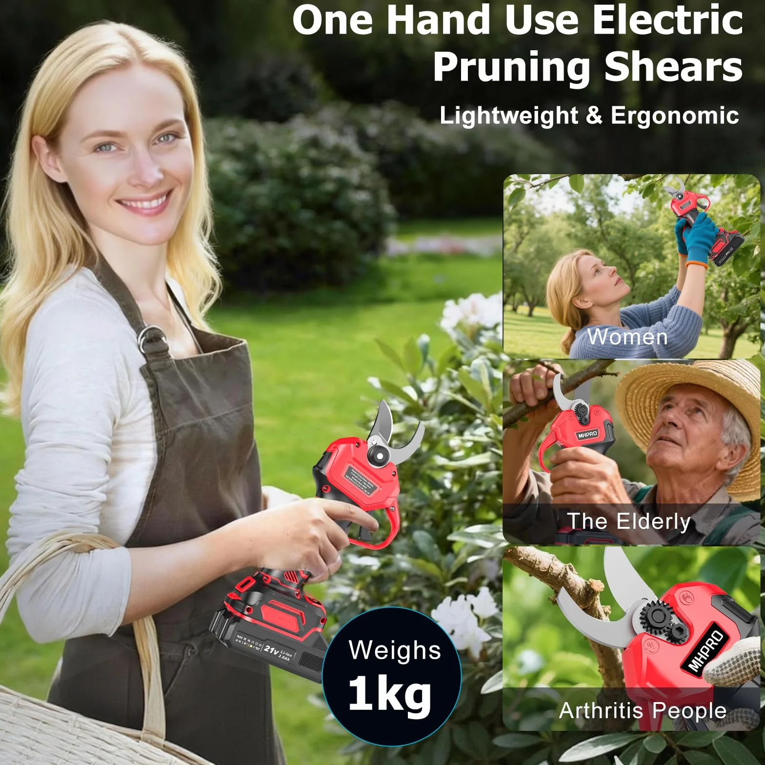 MHPRO Forbici Potatura a Batteria Brushless, Forbice Elettrica per Potatura 600W Con 2×Batterie 21V 2000mAh, Schermo LCD, per Frutteti, Paesaggistica e Giardinaggio Professionale,Rosso