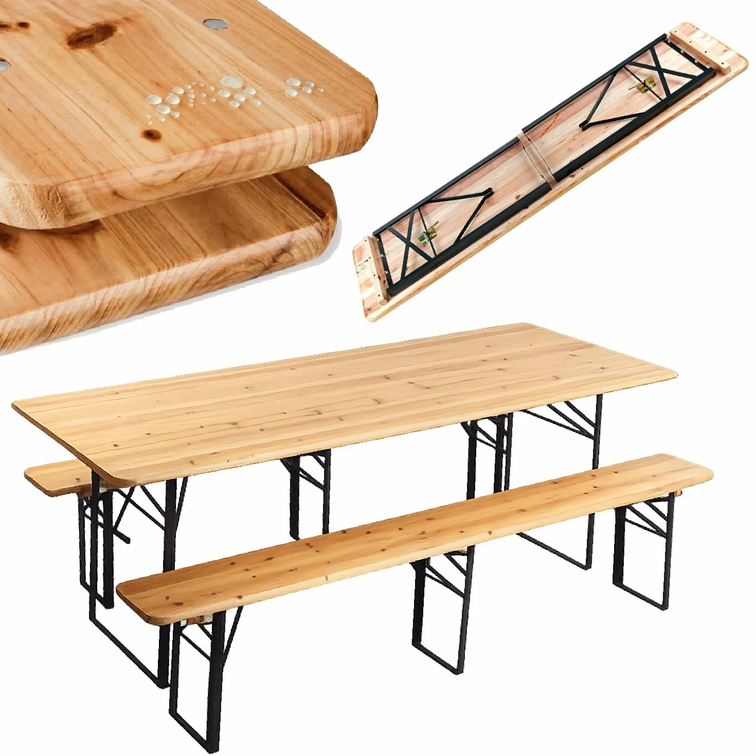 Crisalide® Set Birreria Pieghevole in Legno di Abete Tavolo 220 cm con 2 Panche Struttura in Acciaio Rinforzato 70x80 cm