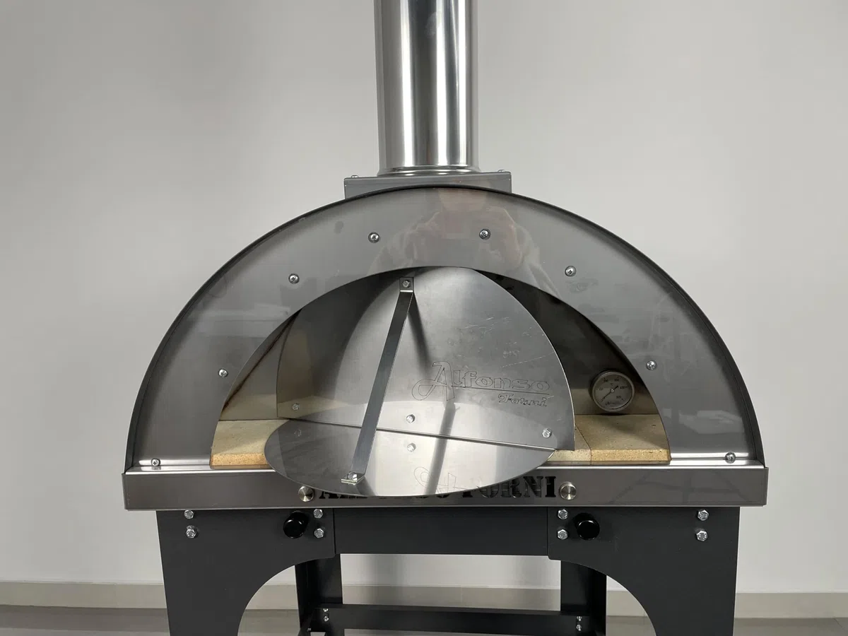 Forno a legna da esterno Alfonso 4 pizze con carrello, mattoni refrattari 3 cm, pirometro 500°C, acciaio inox - Made in Italy