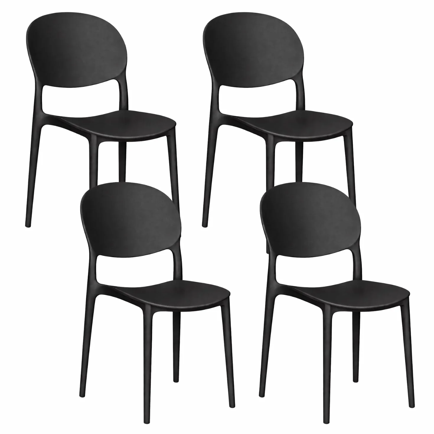 PALUPLUS Set 4 Sedie Oslo Schienale Ovale Polipropilene Impilabili Gommini Antiscivolo Sedia Giardino Esterno Interno Nero 43,5x55x80 cm