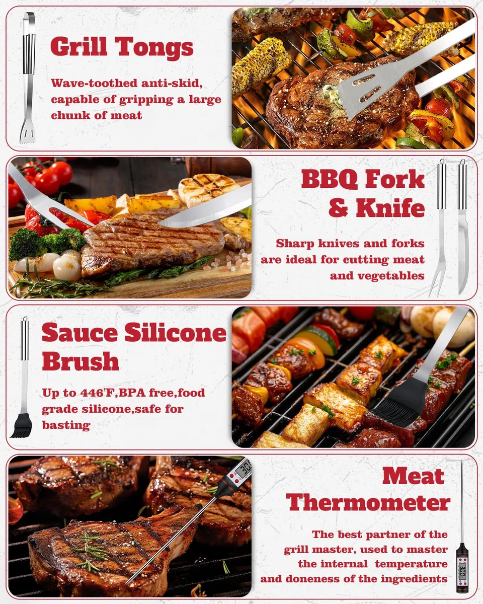 28Pcs Set BBQ Accessori Barbecue Utensili Professionali in Acciaio Inox, Pratico Kit Attrezzi Barbecue Cucina con Borsa Portatile, Griglia Barbecue Accessori Camping, Regalo Compleanno Uomo e Papa