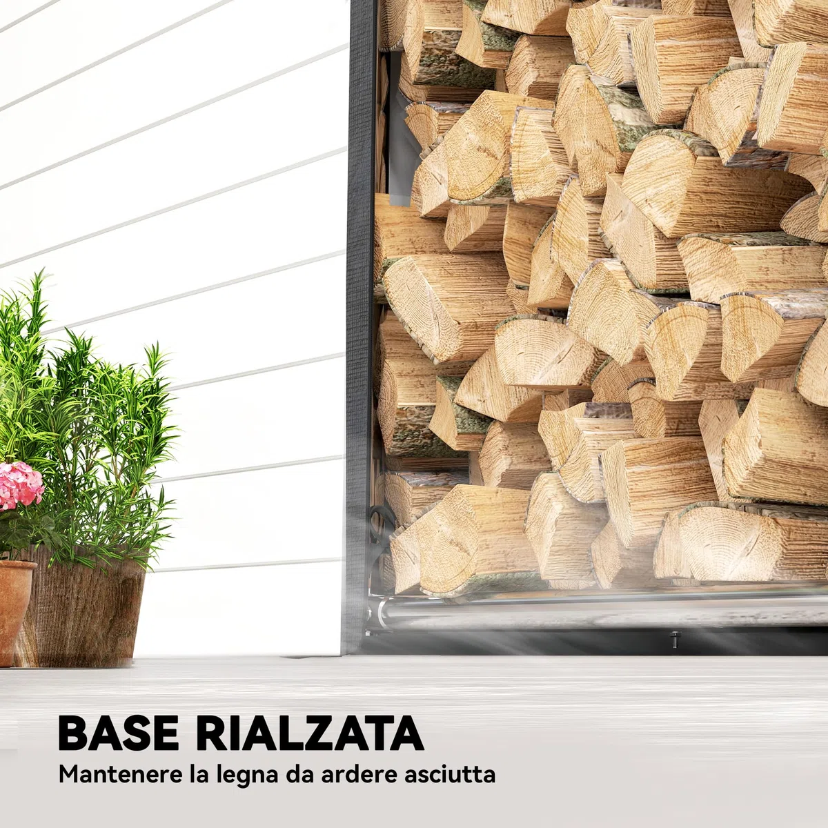 Outsunny Legnaia da Esterno in Acciaio Rinforzato, Portalegna Impermeabile 100x60x110 cm Nero Argento