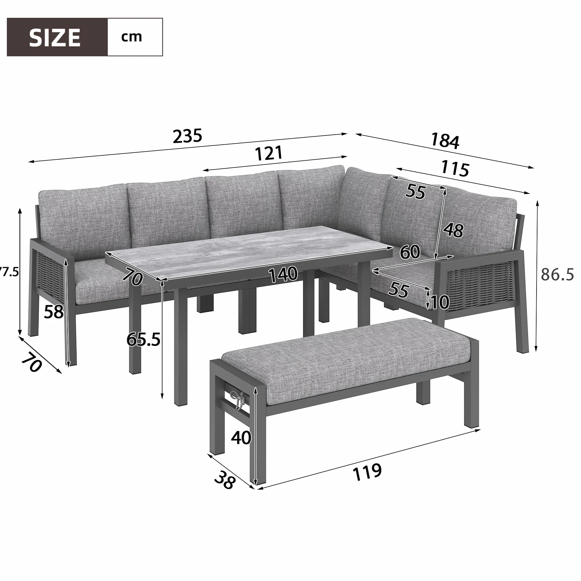 Set da pranzo da giardino per 8 persone, sala angolare e panca, polietilene intrecciato, acciaio zincato, piano in vetro, grigio