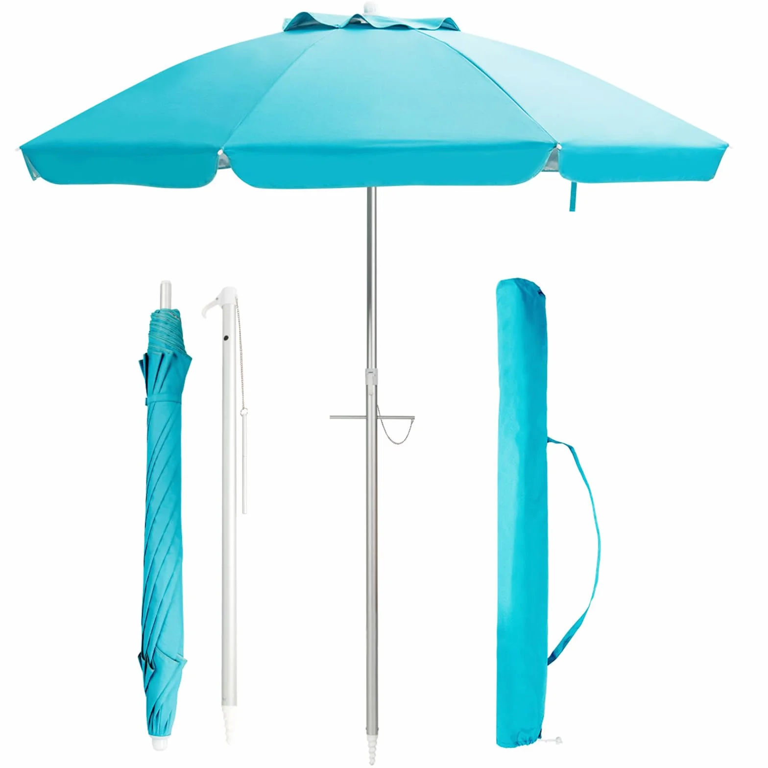 COSTWAY Ombrellone da Spiaggia 198 cm, Parasole Esterno con Palo Inclinabile in Alluminio, Anti UV 50+, 8 Stecche, Blu
