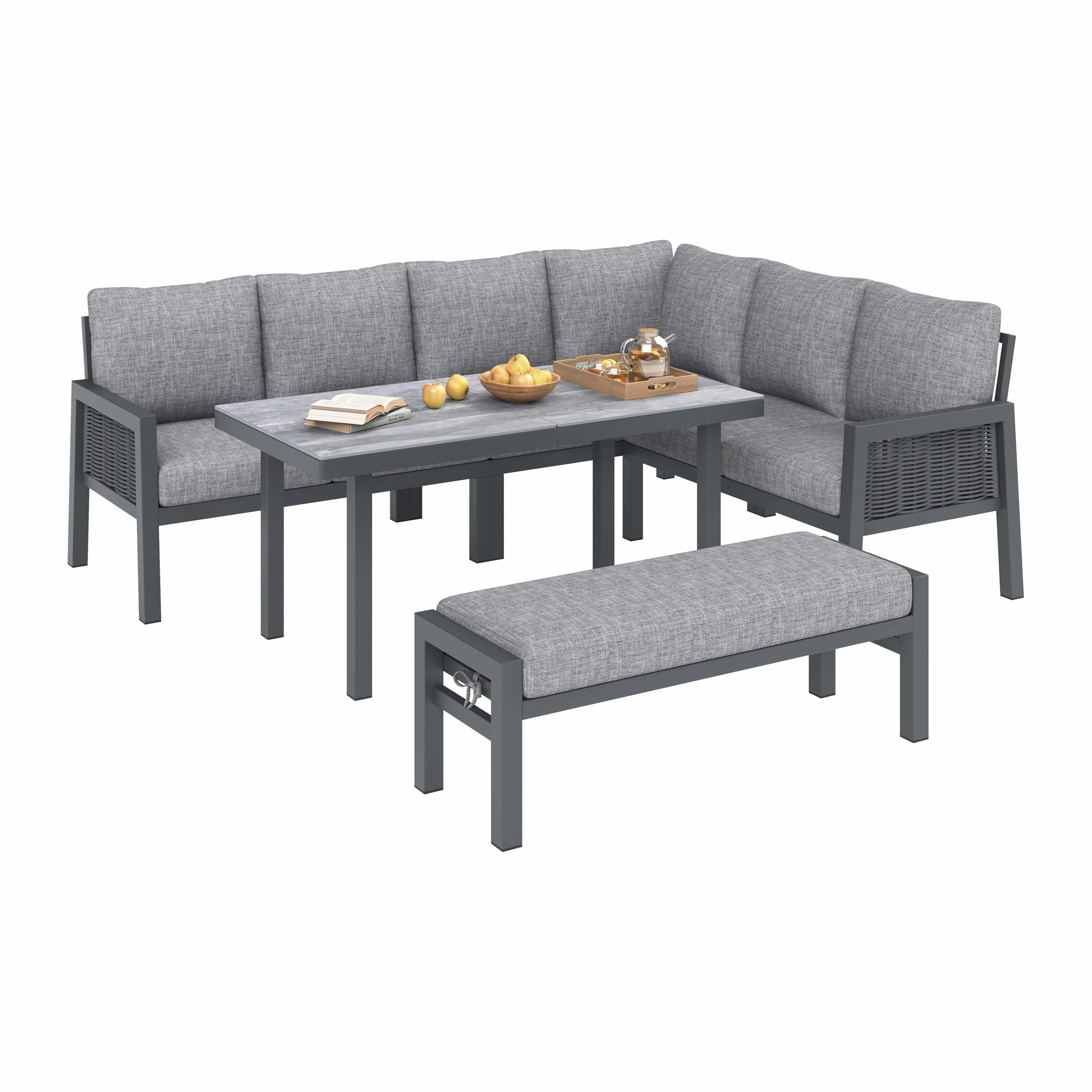 Set da pranzo da giardino per 8 persone, sala angolare e panca, polietilene intrecciato, acciaio zincato, piano in vetro, grigio