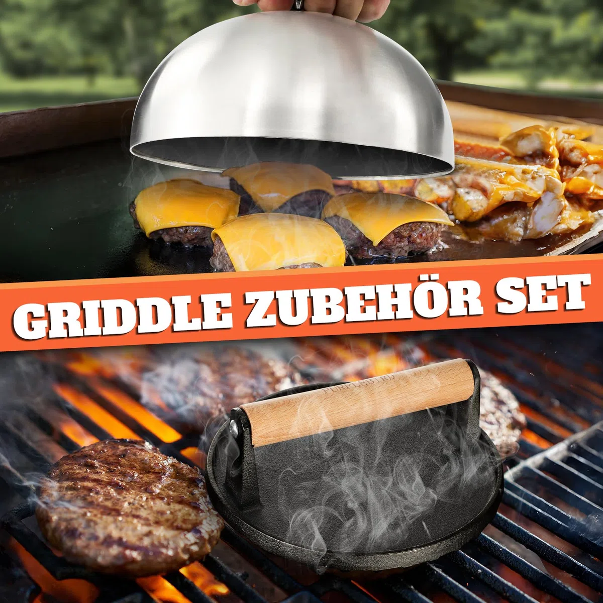 PURPLEBIRD Griddle - Set di accessori per hamburger in acciaio inox (7,87 pollici), con pesanti, in ghisa (6,97 pollici), campana per fusione e pressa per hamburger, per barbecue a gas, teppanyaki,