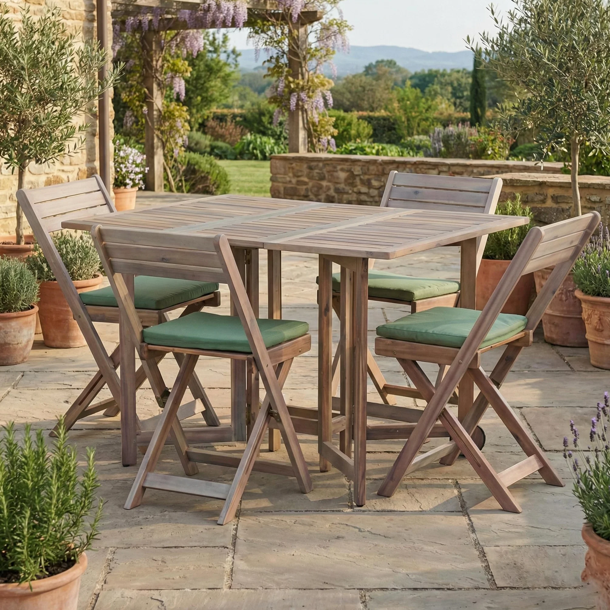 Brigros Estosa Set tavolo in legno da giardino Acacia 4 sedie pieghevole trasportabile