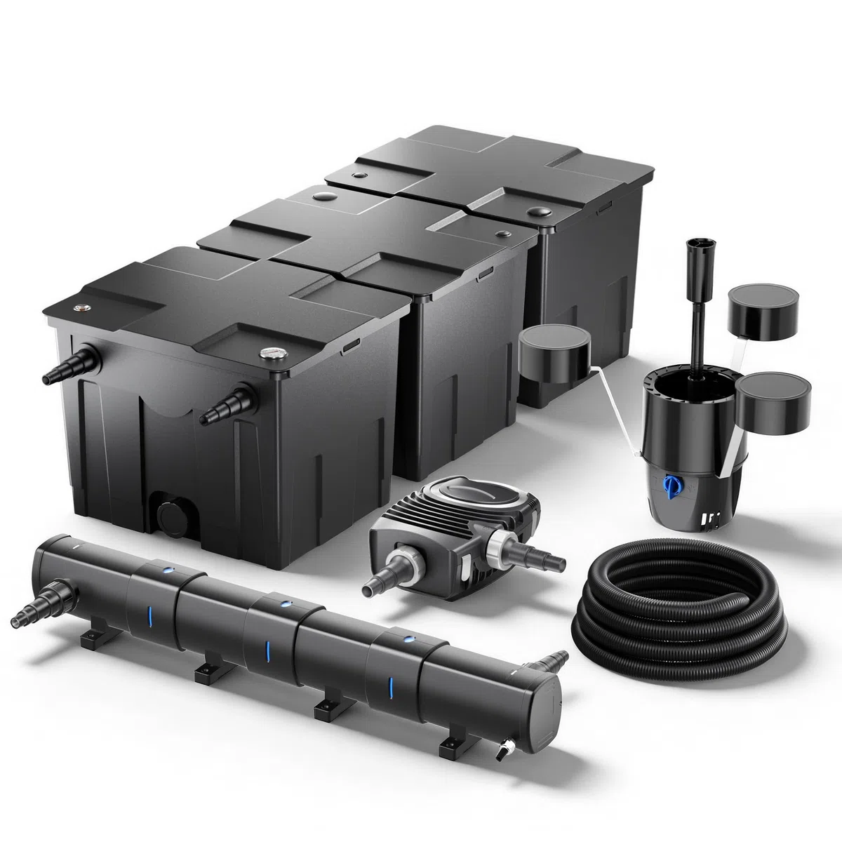 Filtro Chiarificatore UVC 72W Pompa 80W Set per Laghetti 90000l Skimmer tubo 25m