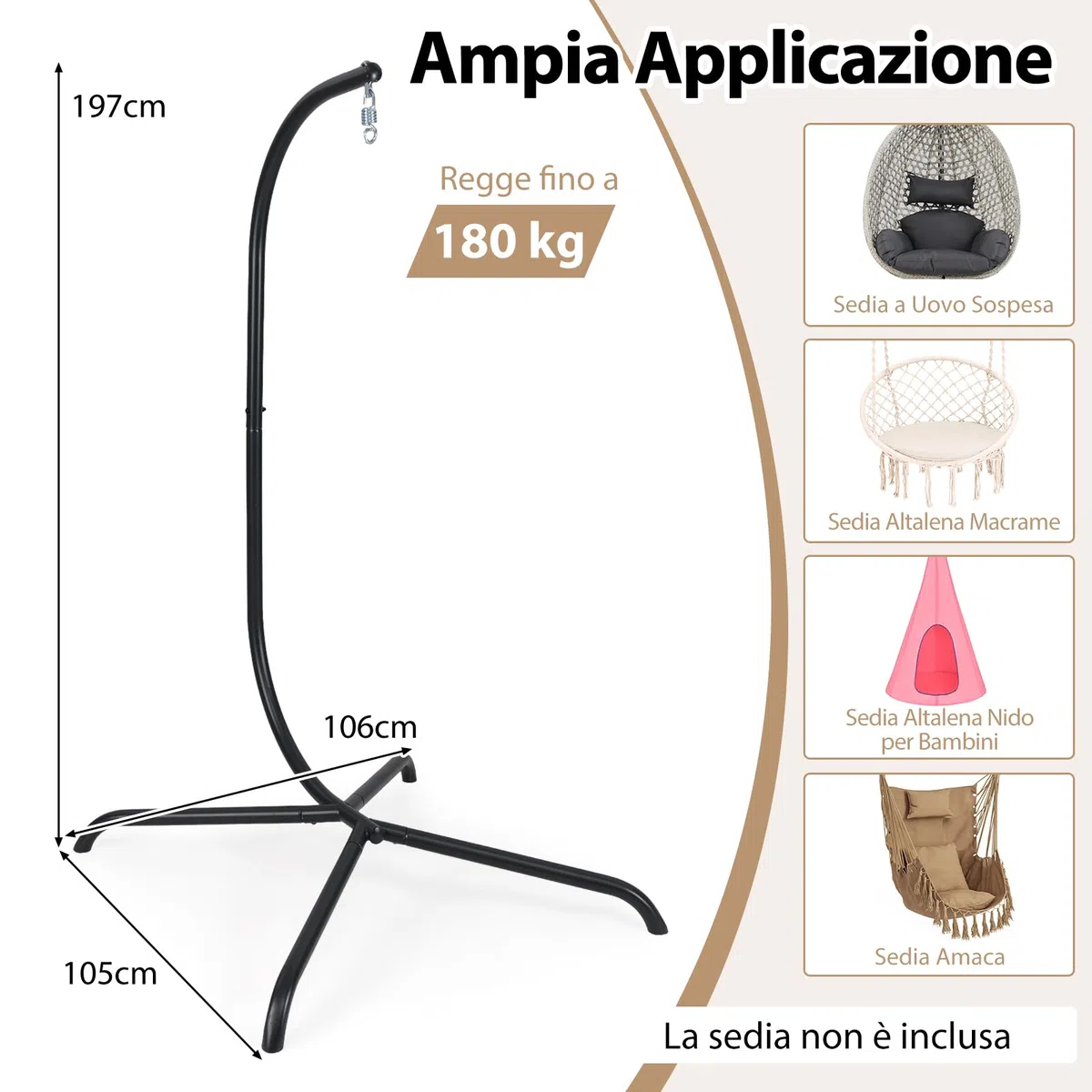 COSTWAY Supporto per Amaca a C, Base per Sedia Sospesa in Metallo Pesante con Gancio a Molla e Rotazione a 360°, Telaio per Amaca per Interni ed Esterni, Portata 180 kg