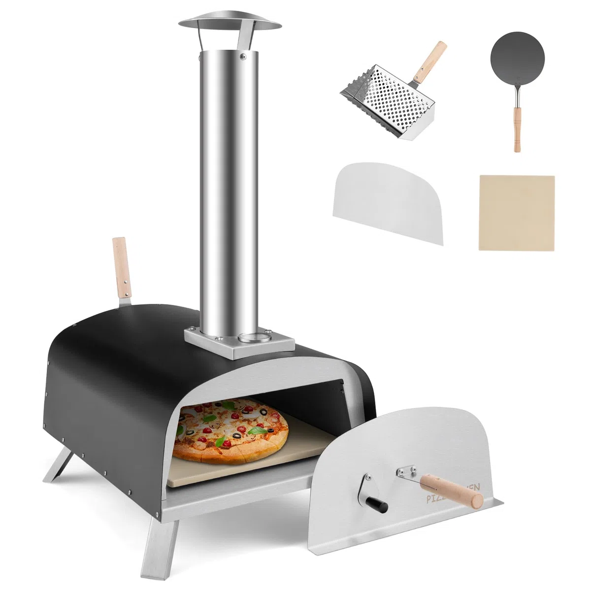 KOMFOTTEU Forno per pizza all'aperto a legna in acciaio inox con pietra e termometro