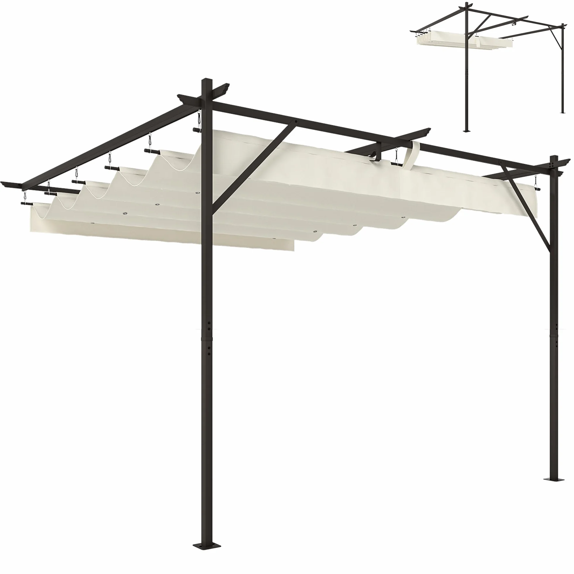 Outsunny Gazebo Pergola Addossata 3x3 m Tetto Retrattile Scorrevole Fori Drenaggio Pergolato Giardino Poliestere Acciaio Patio Terrazzo Esterno UV30+ Bianco Crema