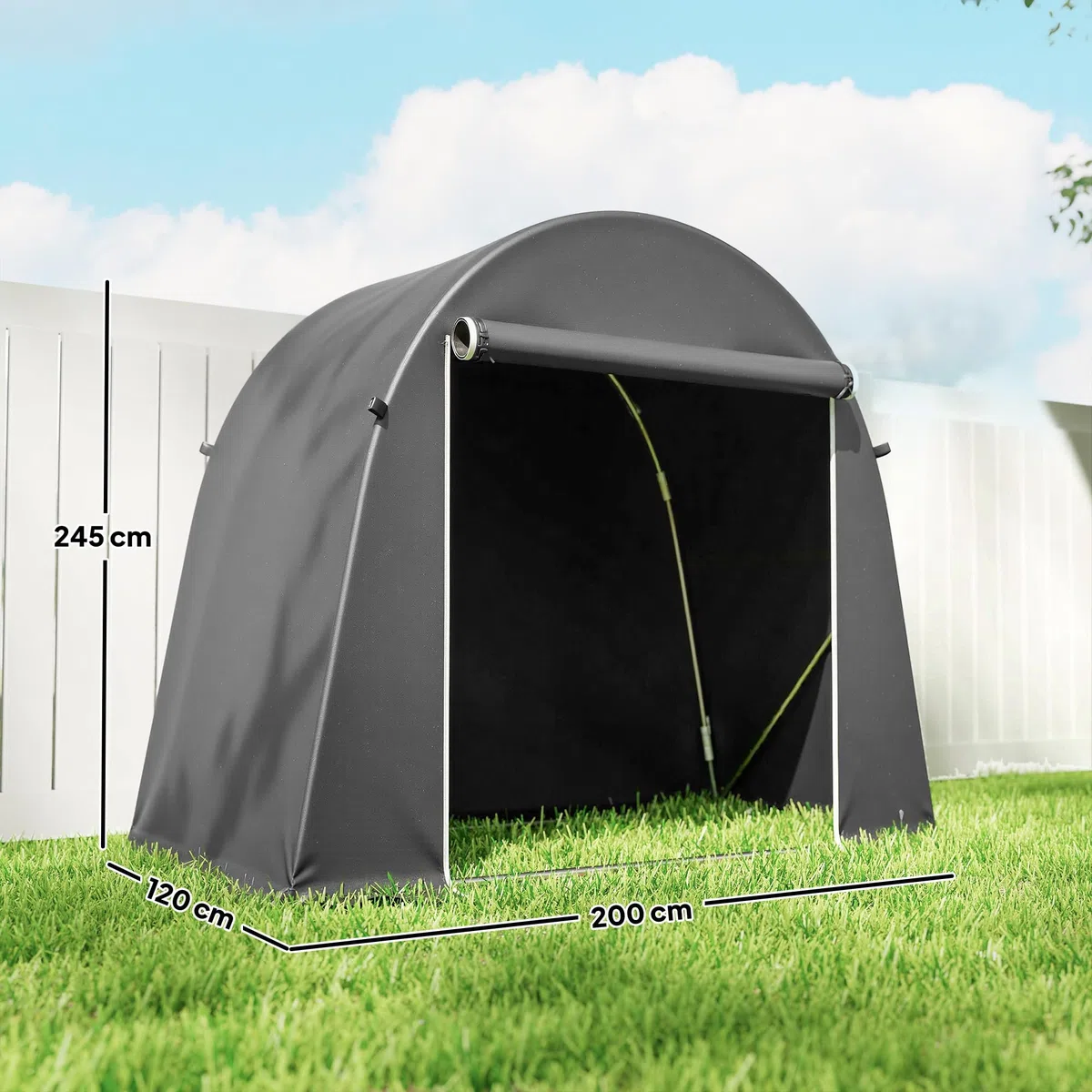 Outsunny Tenda Garage per Biciclette da Esterno Impermeabile 245x120x200 cm Capanno da Giardino con Ingresso con Zip per Attrezzi in Metallo Zincato e Tessuto PE Grigio Scuro