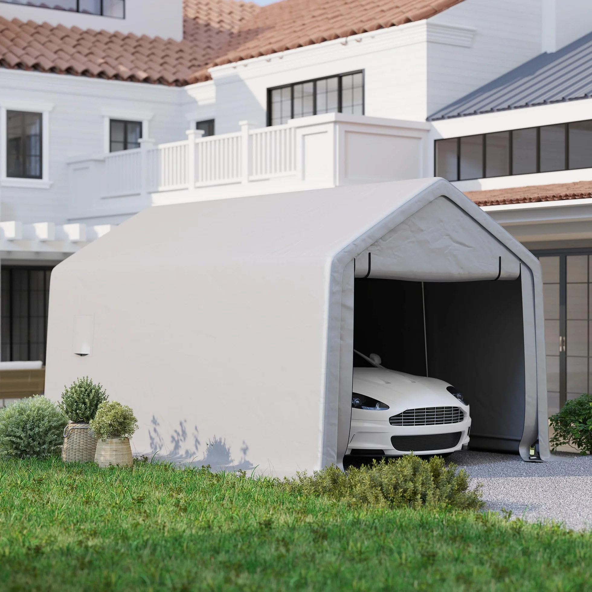 Outsunny Carport tenda da garage 3 x 5,2 m, tettoia per auto all'aperto, tenda di stoccaggio con porta avvolgibile rimovibile, tettoia per auto, camion, barca, grigio