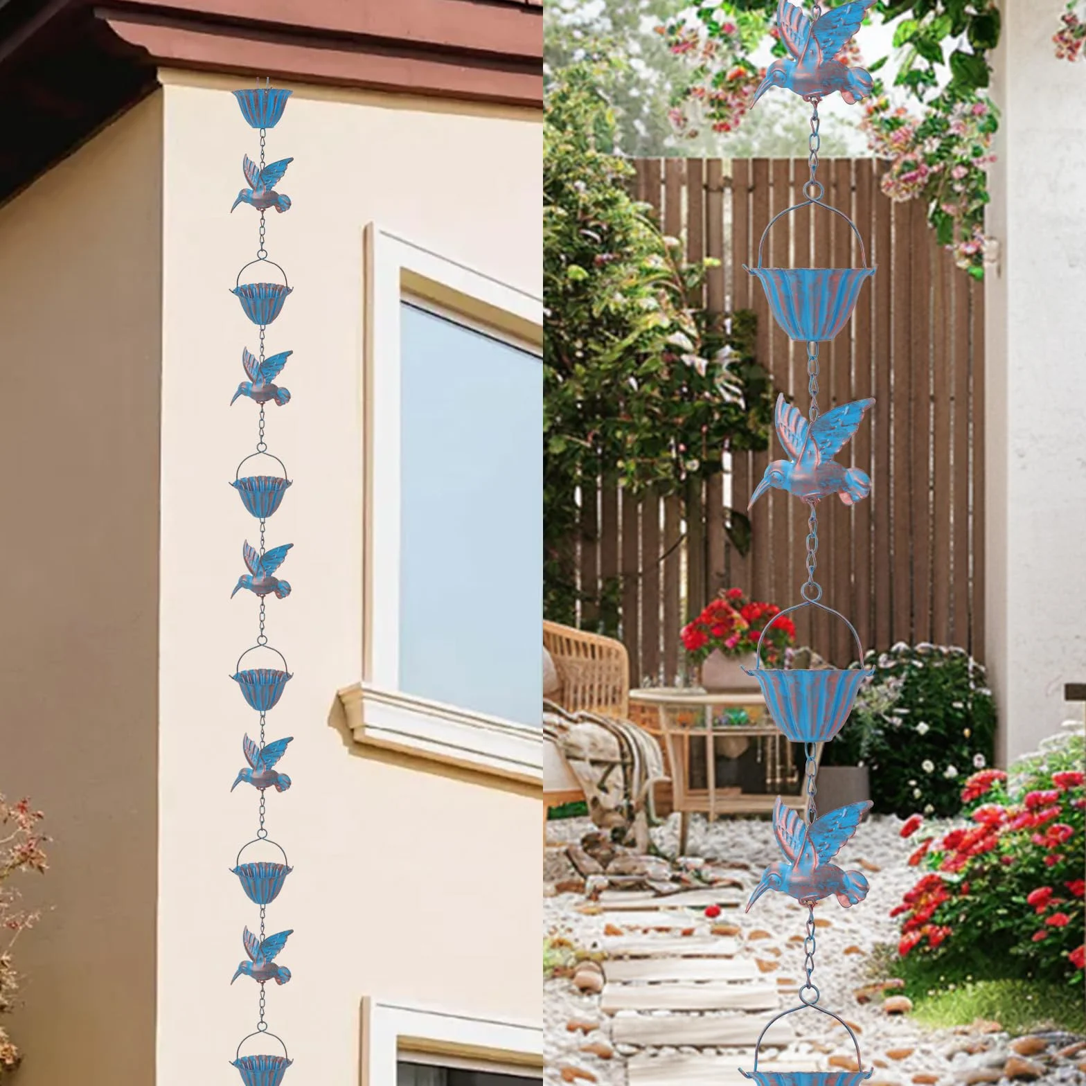 BigKing Catena per Acqua Piovana Colibrì per Grondaie, 2.4m Catena Antipioggia Sospesa per Il Drenaggio dell'Acqua, Catena per Grondaia, Deviatore per Acqua Piovana Esterna, Eaves Drainage