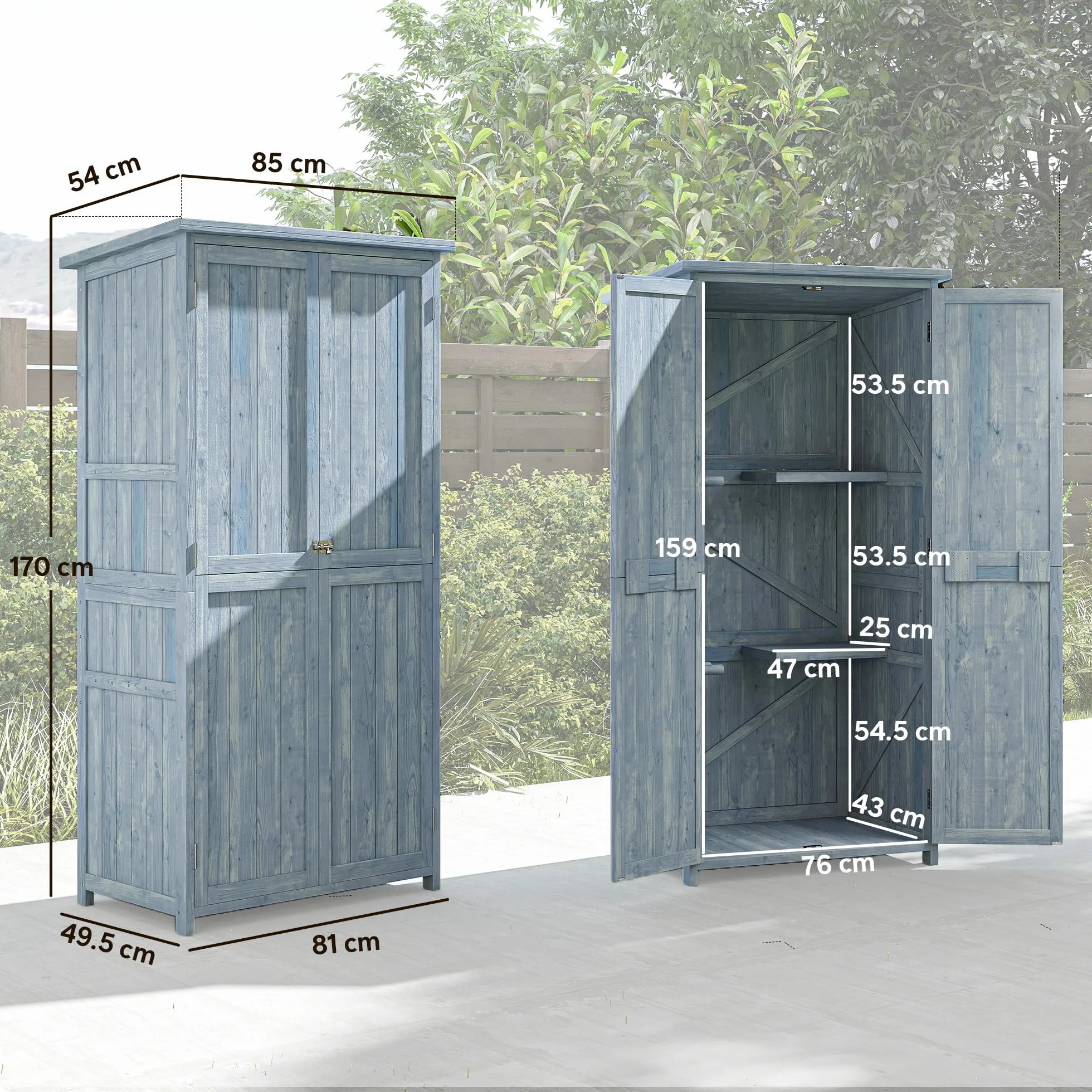Outsunny Armadio da Giardino in Legno di Abete con Kit Antiribaltamento, Casetta Porta Attrezzi da Esterno con 2 Ante Bloccabili, 2 Ripiani, 10 Ganci, Tetto Inclinato Asfalto, 85x54x170 cm, Grigio