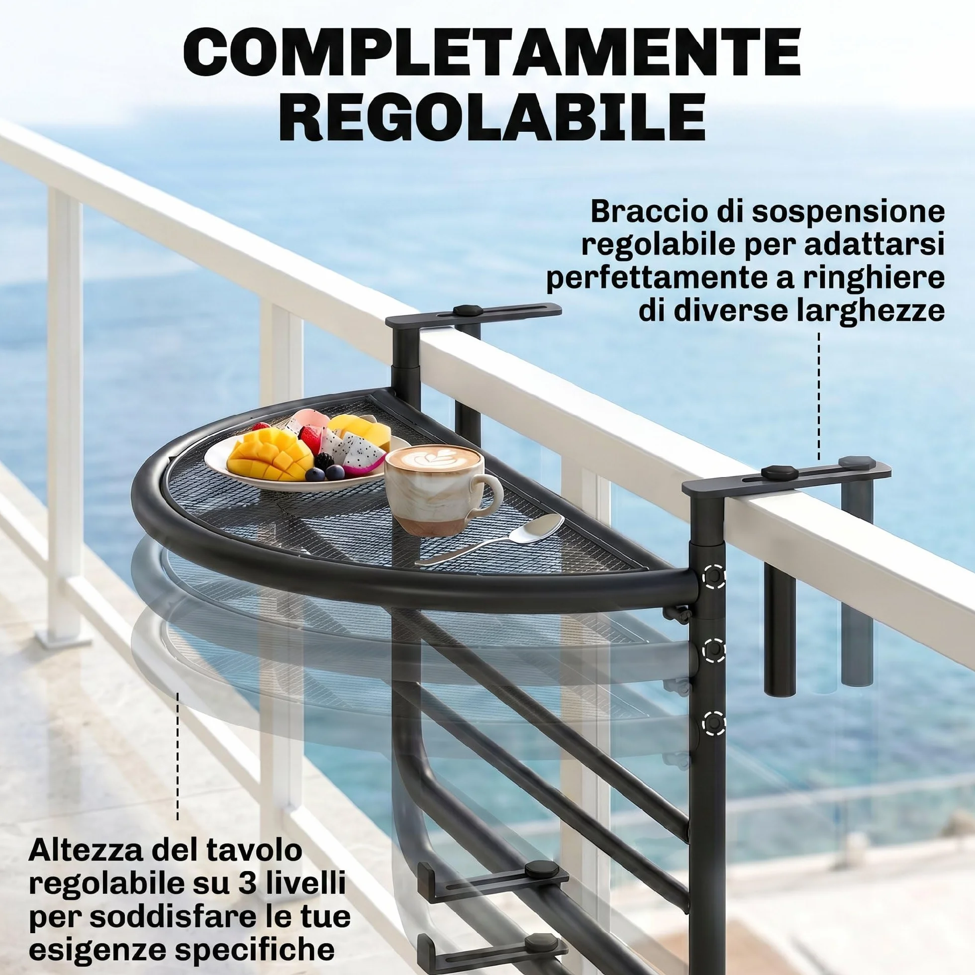 Outsunny Tavolino da Appendere alla Ringhiera del Balcone Regolabile in Altezza Ferro 60 x 45 x 50 cm Nero