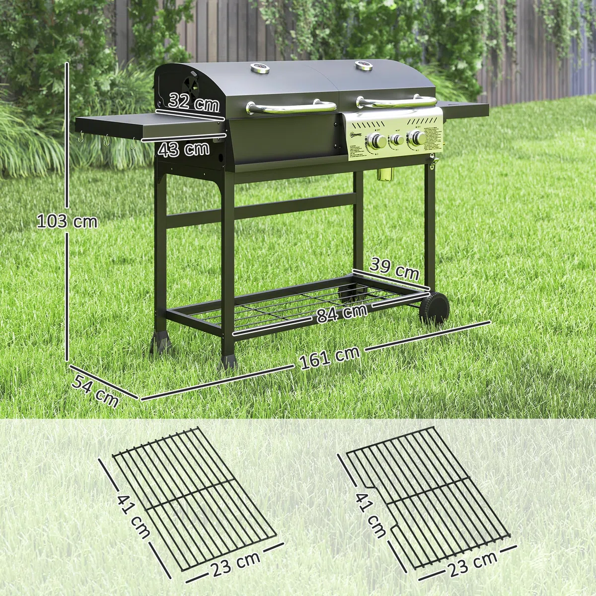 Outsunny Barbecue a Carbone e Gas in Acciaio, BBQ 2+1 Bruciatori 7kW con Coperchio, Termometro, Ruote, Nero