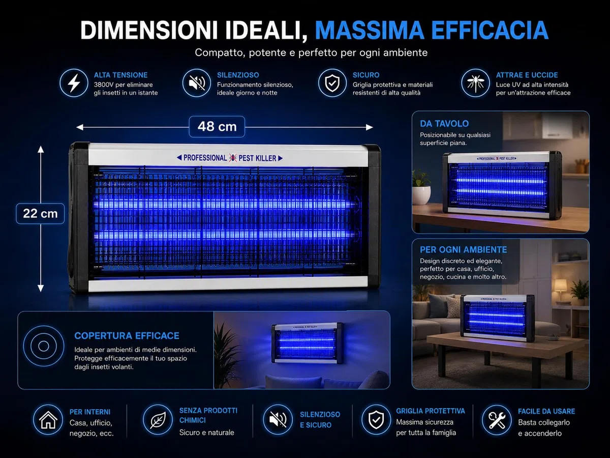 Lampada Antizanzare Elettrica 8W LED UV, Ammazza Zanzare e Antimosche con Pennello Integrato, Zanzariera Elettrica Silenziosa, Copertura fino a 40 m²