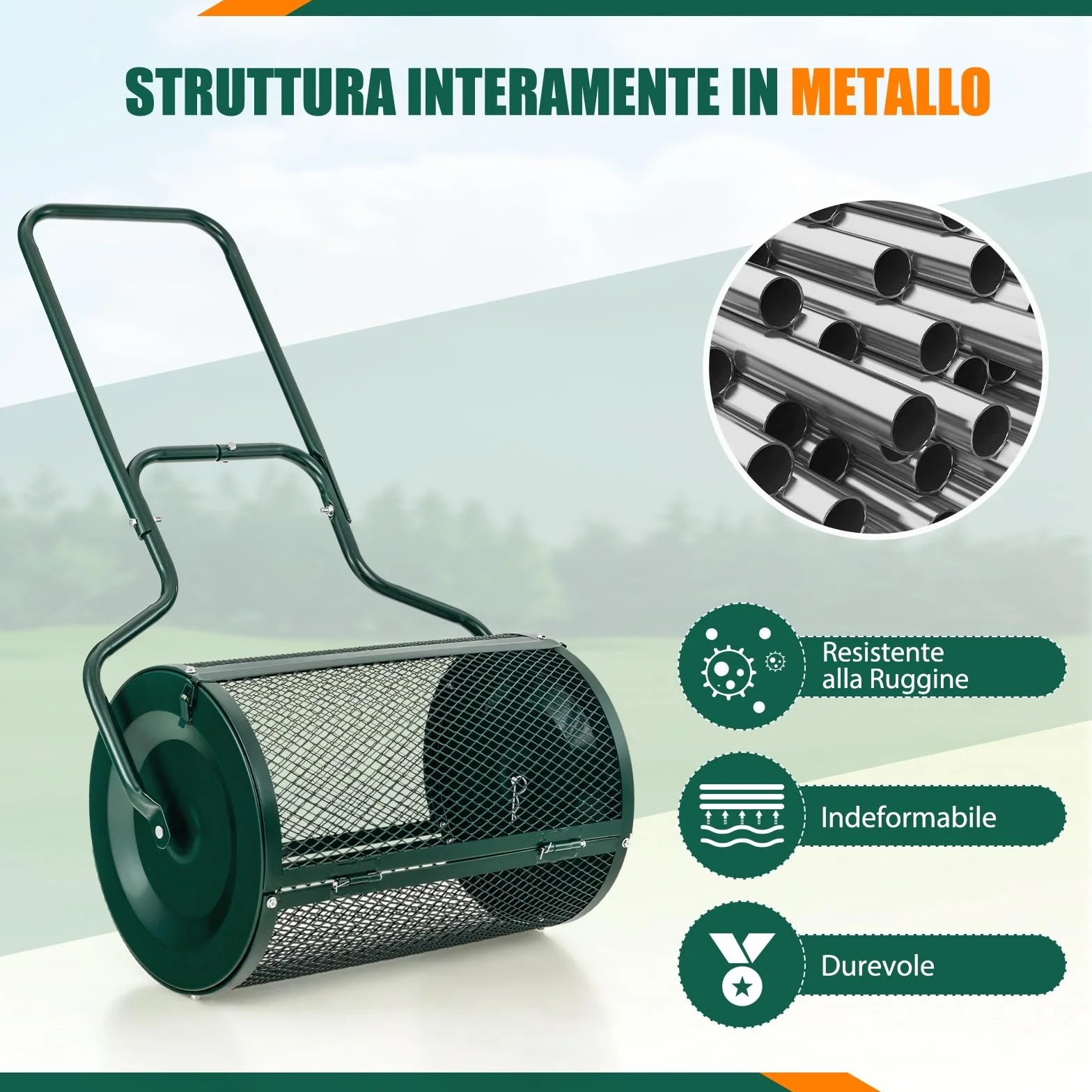 RELAX4LIFE Spandiconcime da 75L, Larghezza 60 cm, Ø Rullo: 41 cm, Spanditore da Giardino/Prato con Cestello in Rete Metallica e Manico, per Compost, Torba, Semi e Terriccio (41 x 60 cm,Verde)
