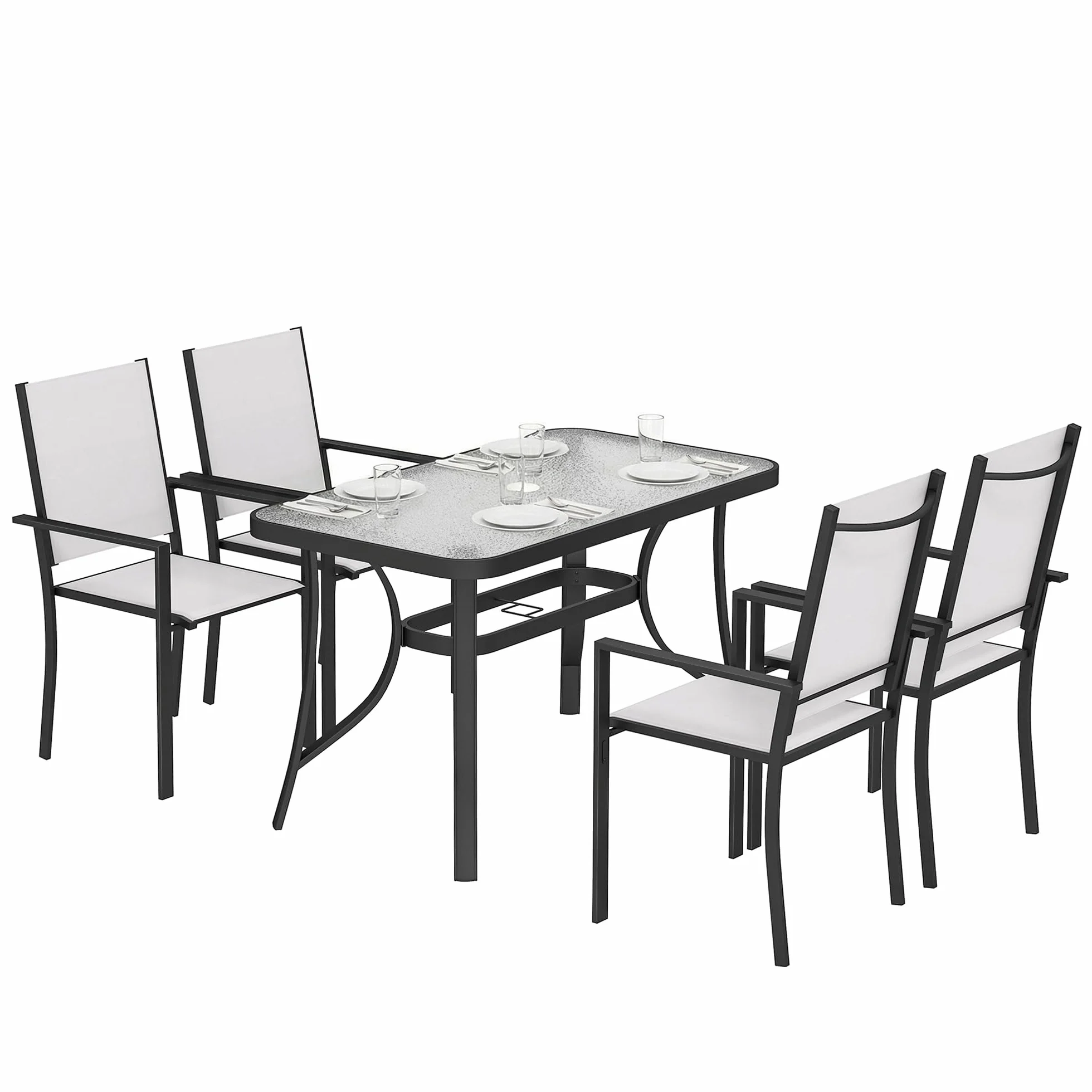 Outsunny Set Tavolo e Sedie da Giardino 5 Pezzi, Set Pranzo Esterno con 4 Sedie Impilabili Texteline, Tavolo Vetro Temperato, Foro Ombrellone, Acciaio, Grigio Chiaro