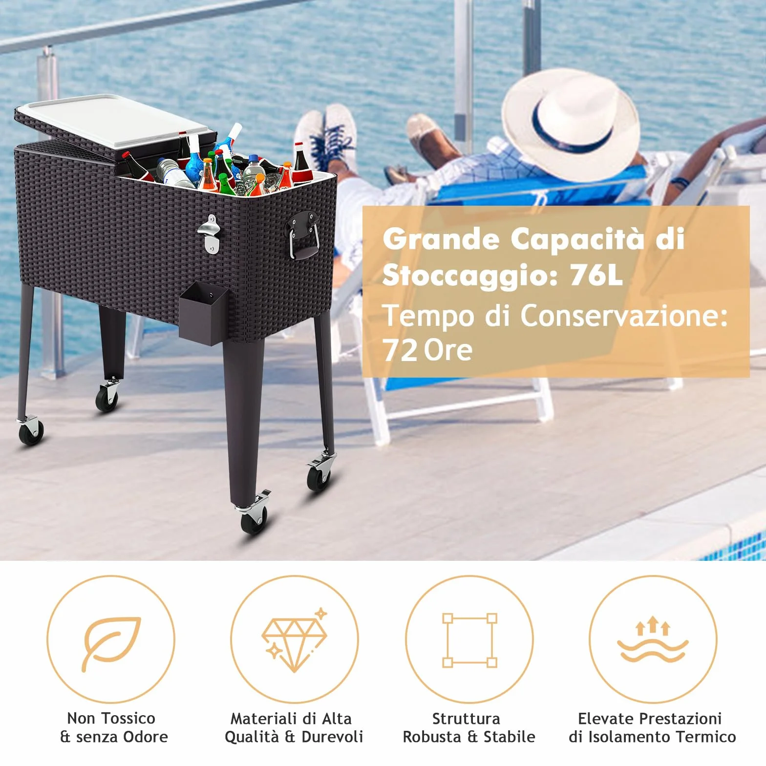 COSTWAY Carrello Portavivande Refrigerante Rattan 76L, Carrello Portaghiaccio con Ruote Bloccabili, Apribottiglie, 83x48x87 cm