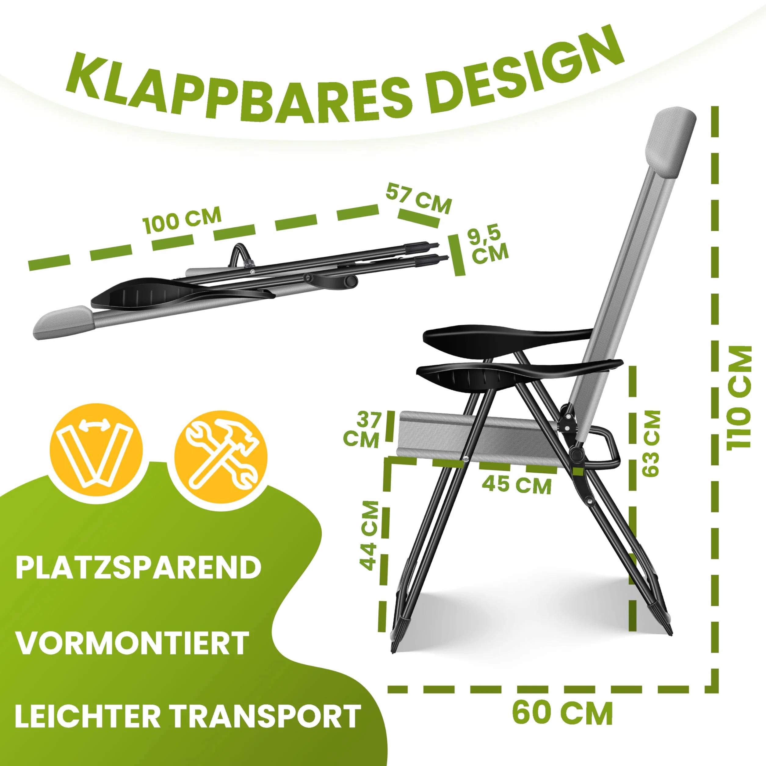 KESSER® Set di 2 sedie da Giardino, Sedia Pieghevole in Alluminio con Schienale Alto Regolabile in 7 direzioni con braccioli, Sedia da Balcone, Sedia da Campeggio Pieghevole Traspirante