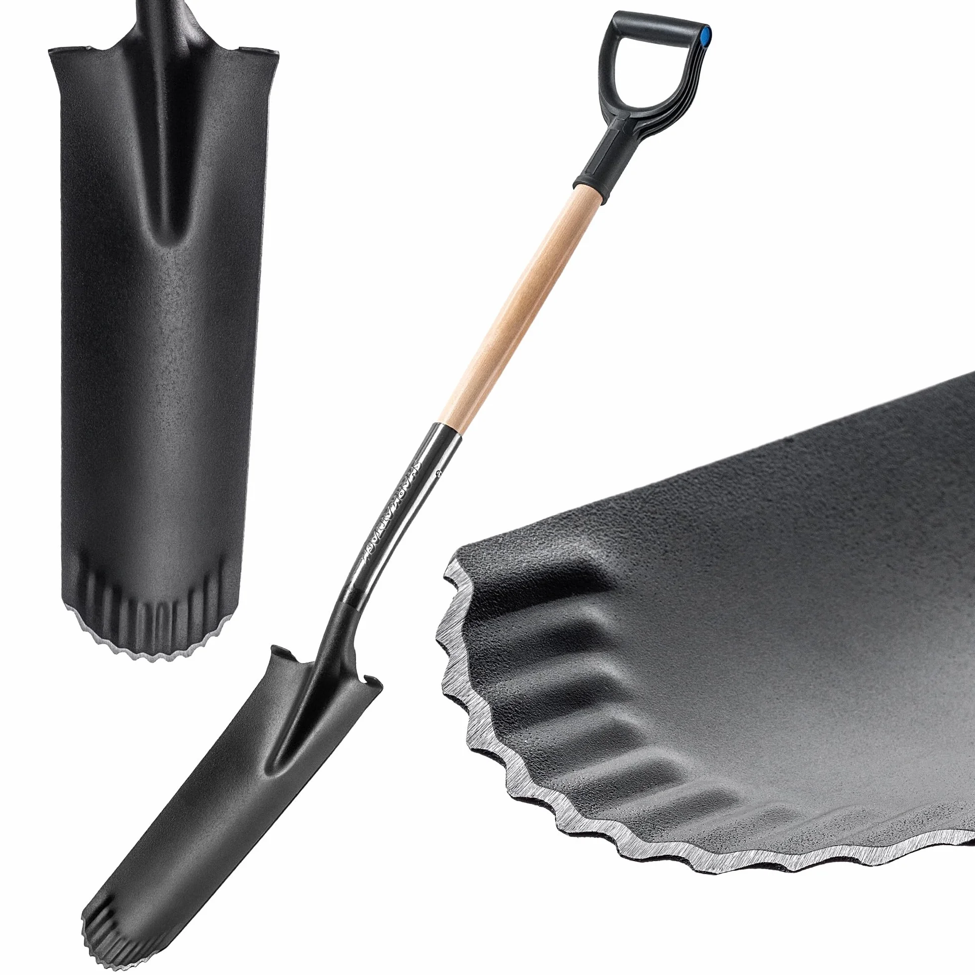 KADAX Pala per drenaggio, pala con manico a D e manico, leggera pala per drenaggio con denti, pala da giardino ergonomica, vanga per foro, 124 x 14 cm
