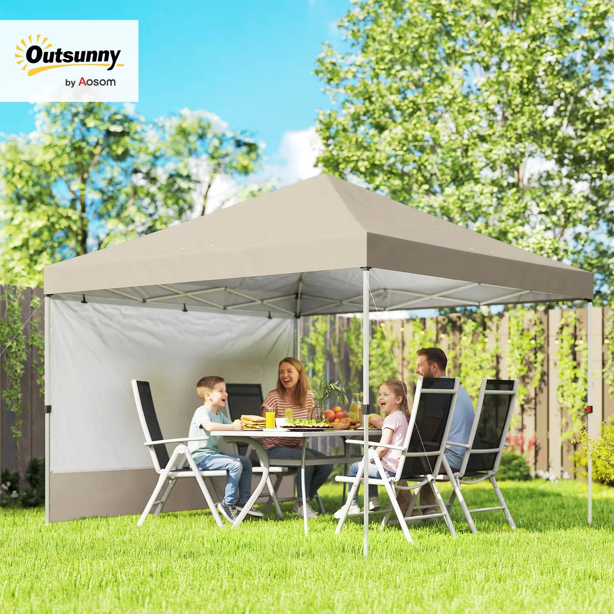 Outsunny Gazebo Pieghevole 3x3m Pop Up con Parete Laterale, Altezza Regolabile, UV50+, Beige