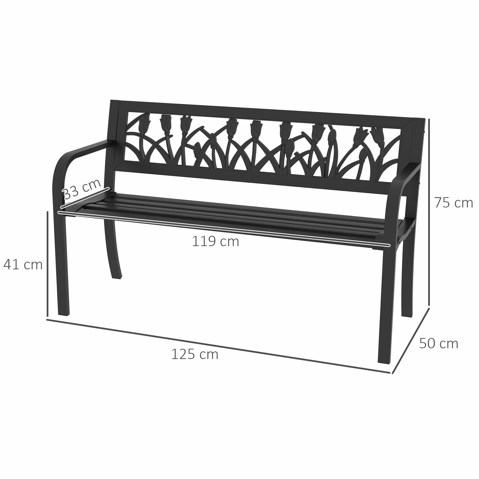 Outsunny Panchina da Esterno in Acciaio, Panchina da Giardino 2 Posti con Schienale Decorato e Braccioli, 125x50x75cm, Nero