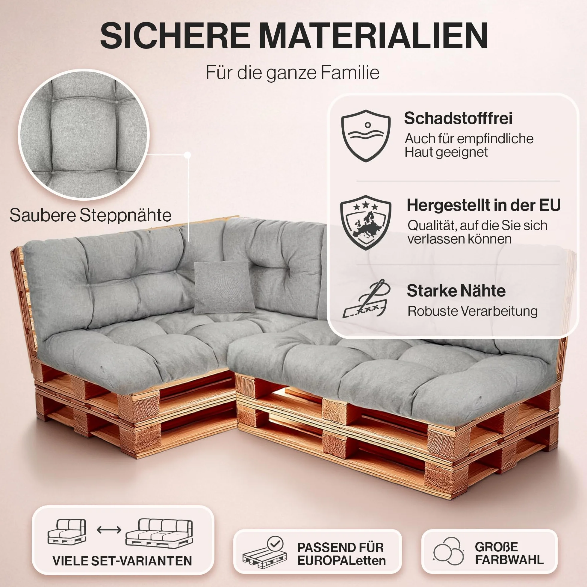 Set di Cuscini per Pallet Impermeabili – Cuscino D’assise per Pallet Europei – Imbottitura con Schiuma Granulare Poulirette – Include Cuscino D’assise 120x80cm + Schienale 120x40cm