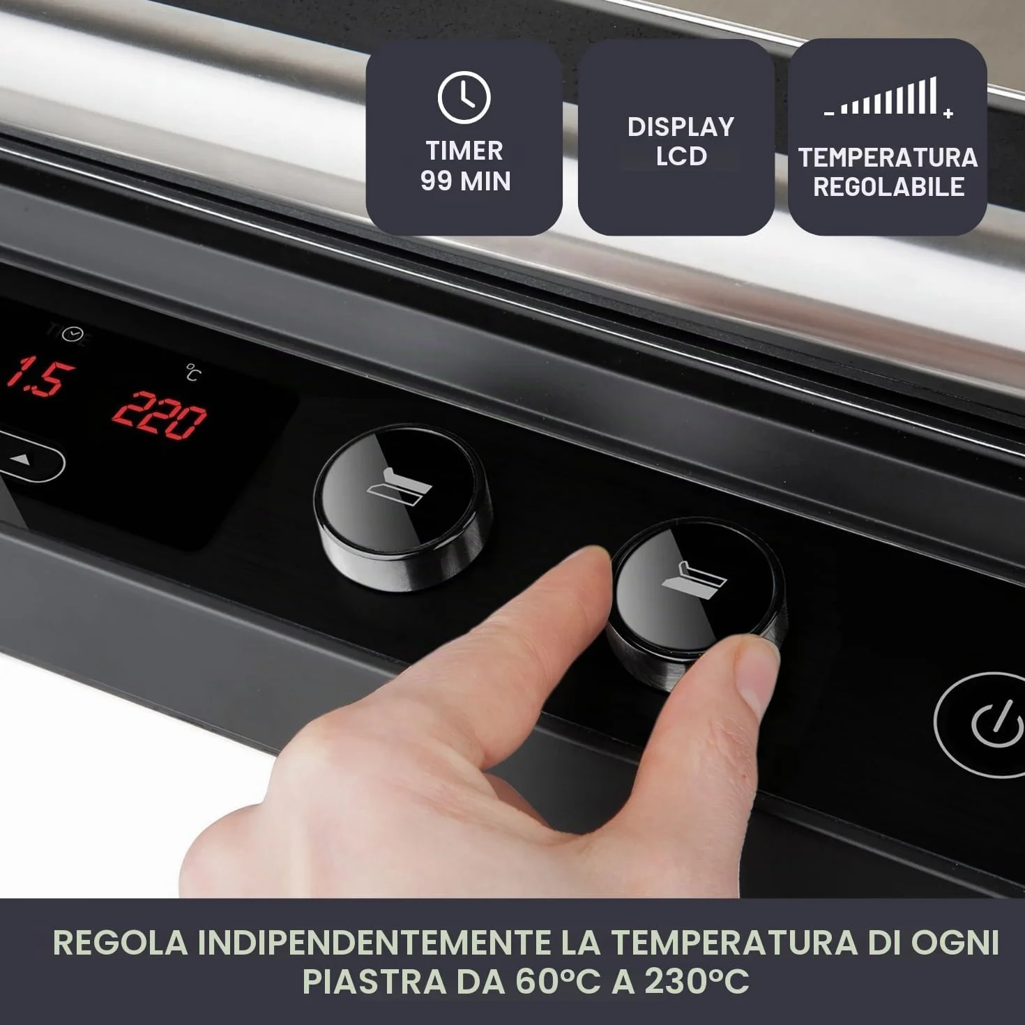BLACK+DECKER Griglia elettrica 2000W 2 in 1 piastre lisce e grill antiaderente apertura 180° display LCD